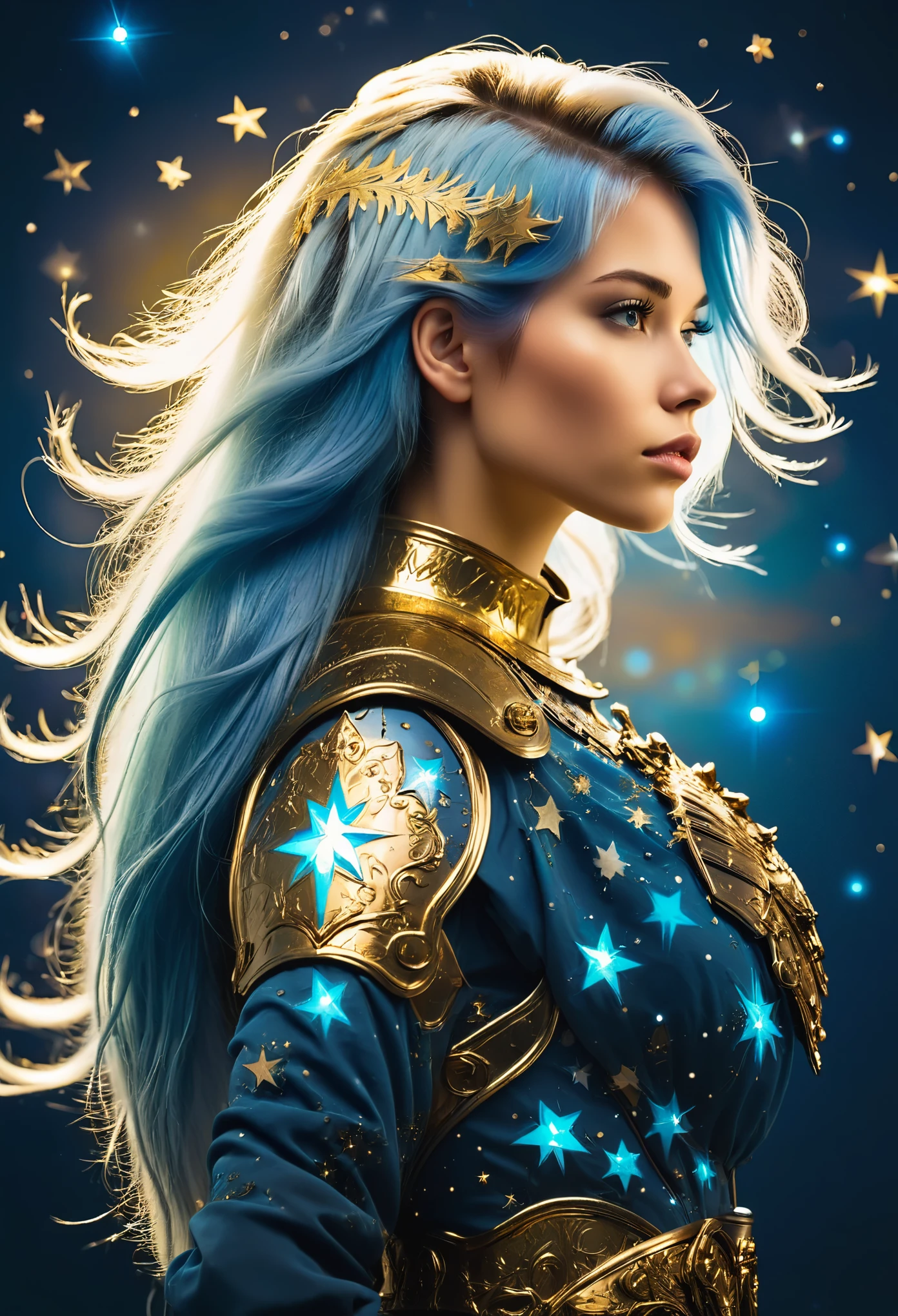 a stylized young caucasian woman warrior ((silhouette)) formed by bright stars. with straight long light blue messy hair. Straight hair. medieval golden ornate armor. Cosmic background.