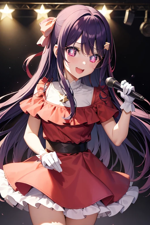 ai hoshino, ai hoshino, Hair between the eyes, hair ornaments, ヘアribbon, Long Hair, One side up, (Purple eyes:1.1), Purple Hair, ウサギのhair ornaments, (Star-shaped pupils:1.5), Symbol-shaped pupil,Brake belt, Black belt, brooch, dress, ピンクのdress, Frillsのdress, Ruffled gloves, Frills, gloves, ハートbrooch, Idol, Idol clothes, jewelry, Pink gloves, 赤いribbon, ribbon, タートルネックdress,break looking at viewer,Take a break indoors,break (Tabletop:1.2), highest quality, High resolution, Unity 8k wallpaper, (figure:0.8), (Beautiful fine details:1.6), Highly detailed face, Perfect lighting, Highly detailed CG, (Perfect hands, Perfect Anatomy),Laughter、Concert Venues、live house、stage、Cowboy Shot