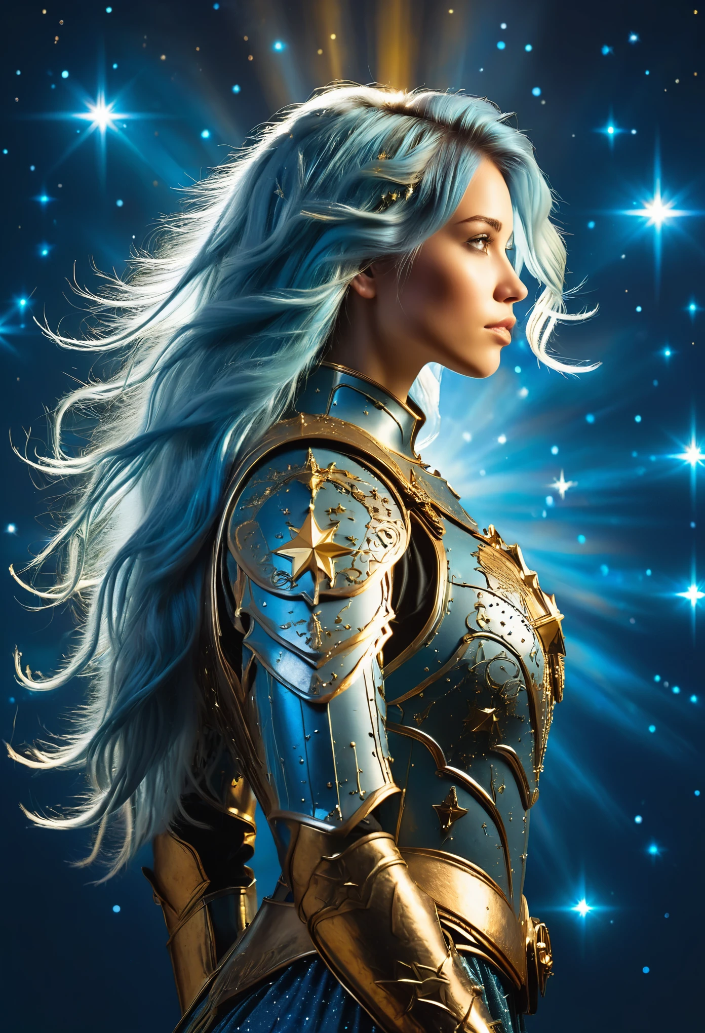 a stylized young caucasian woman warrior ((silhouette)) formed by bright stars. with straight long light blue messy hair. Straight hair. medieval golden ornate armor. Cosmic background.