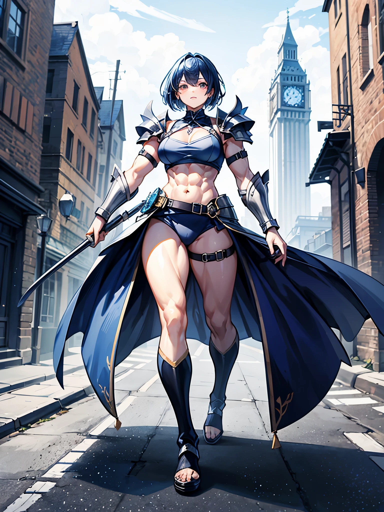 (((masterpiece、Highest image quality、highest quality、highly detailed unity 8kwallpaper)))、((Illustration of one girl))、(((beautiful girl)))、blue hair、stocky build, thickset physique:1.3, muscular legs, broad shoulders, solid chest、(adventurer)、white armor、Medieval city