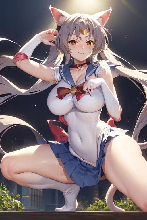 masterpiece, best quality, beautiful art, high resolution, well formed hands, body and fingers, 1 woman, solo, BlackHanekawa , adult, big breasted, cleavage , full body, wearing a Sailor Moon outfit, cat ears and cat tail, gorgeous legs and thighs, sexy sailor senshi uniform, sailor collar, blue skirt, pigtails, elbow gloves, ,skirt lifted by the wind, she struts her beauty with pride, smiling joyfully and brightly, winking, flirting, school environment 