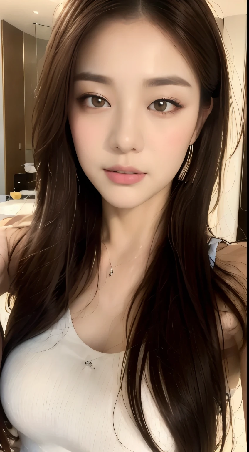 ((highest quality, 8k, masterpiece :1.3)), One girl, Selfie, close, Asking for a kiss:1.3, Slim face, Beautiful woman, (Dark brown hair), Big Breasts:1.4,White T-shirt, Highly detailed face, Fine grain, double eyelid,  Blur the background, Slim face,, Hotel Bathroom,  