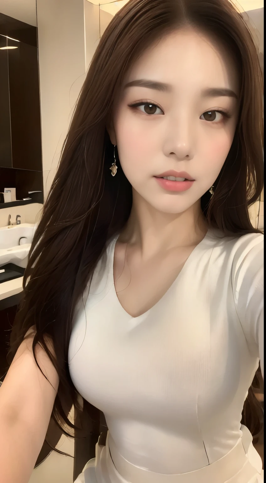 ((highest quality, 8k, masterpiece :1.3)), One girl, Selfie, close, Asking for a kiss:1.3, Slim face, Beautiful woman, (Dark brown hair), Big Breasts:1.4,White T-shirt, Highly detailed face, Fine grain, double eyelid,  Blur the background, Slim face,, Hotel Bathroom,  