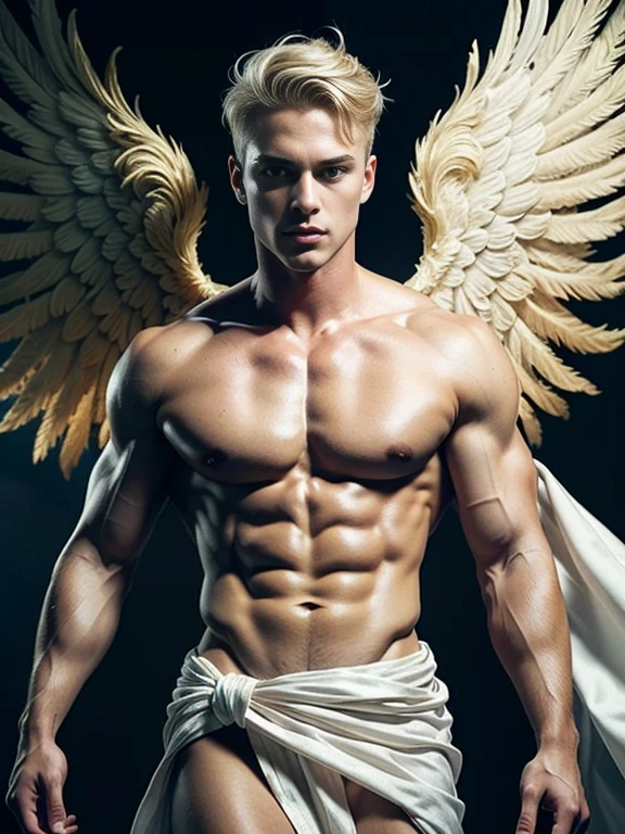 Photorealistic, ((best quality)), ((masterpiece)), (detailed), masculine portrait of young angel, 18-year-old male models, handsome, tall, cute looking, cute look, sweet look, powerful, young male, handsome model, clean shave, aquamarine eyes. (blond hair:1.6), short wavy messy blond hair, messy curly hair, short hair, super strong, muscular, fit, massive muscles, six pack, shirtless, barechested, half-naked, topless, muscle, ripped, strong body, fit body, great chest, amazing arms, massive majestic angel wings, angelic halo, (white draped cloth skirt:1.4), heaven gates in the background, heavenly background, 8k, high detailed, ultra-detailed, Stylish Pose, real skin texture, dark cinematic lighting