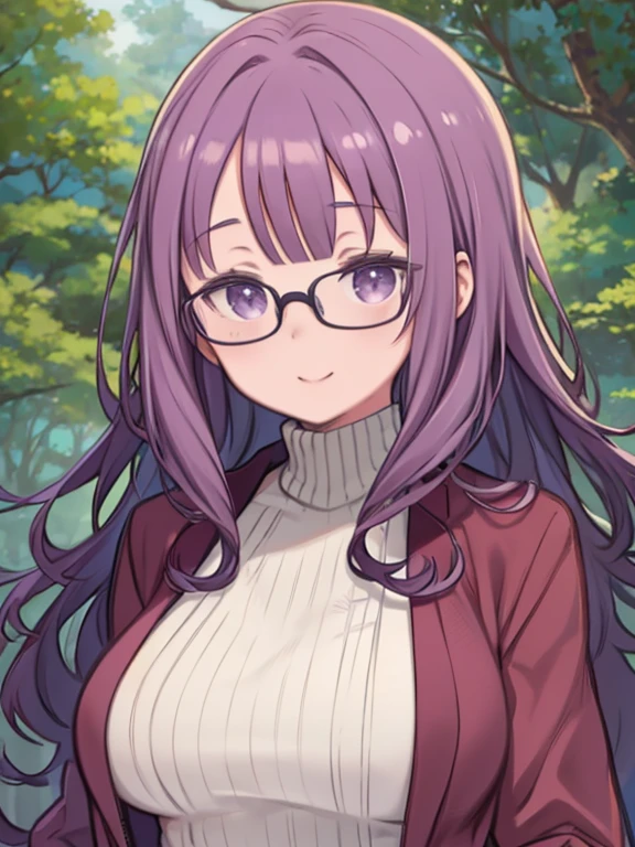 masterpiece, highest quality、Super Detail、Medium Wide Shot、Beautiful eyes、1　Mature Woman、(kagamihara sakura)、Purple Hair、(((Wavy Hair、Long wavy bangs)))、long hair、Glasses、Big Breasts、Huge breasts、Turtleneck sweater、Thick jacket、in the forest、Watching the audience、Smiling、