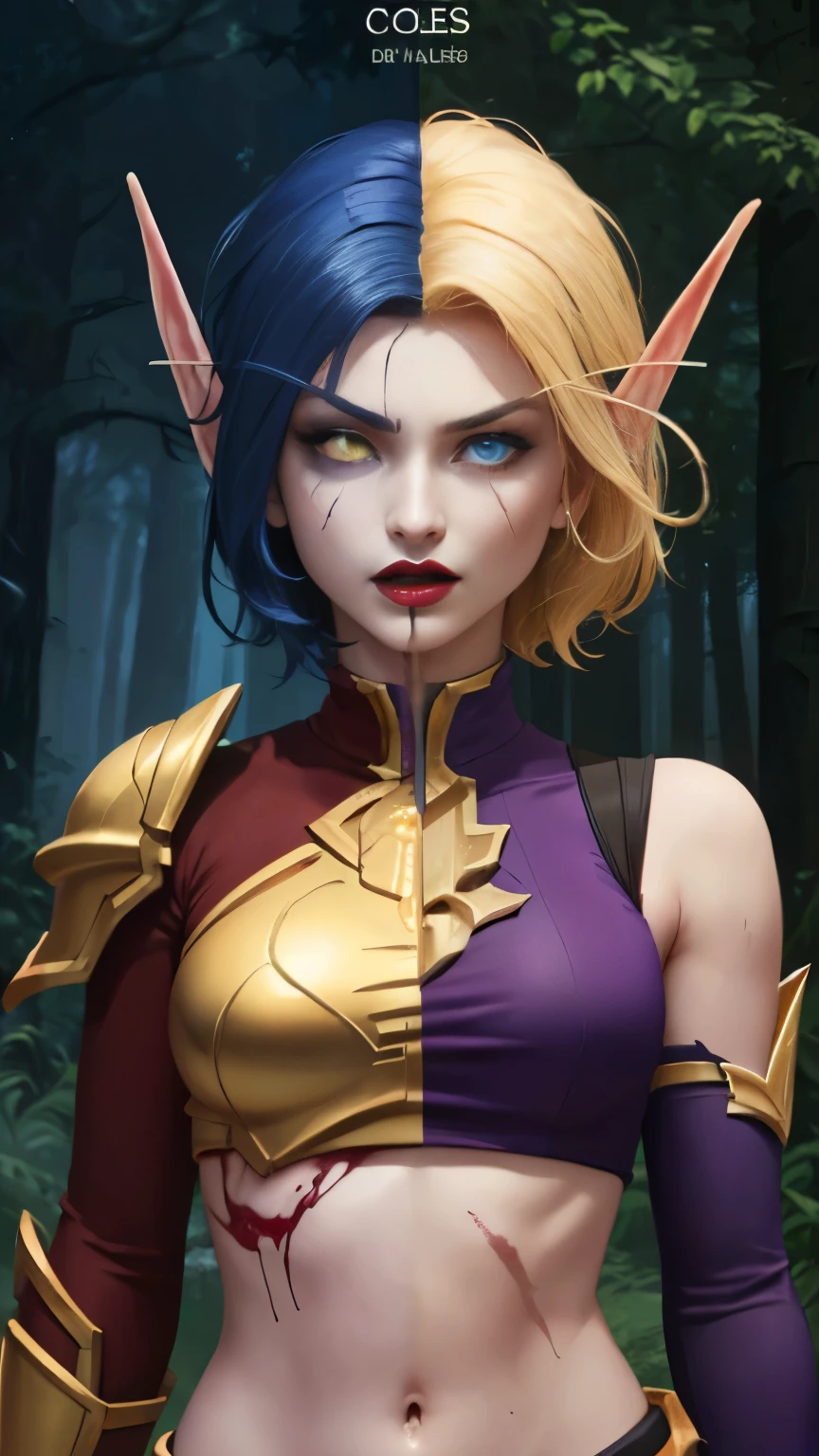 (Masterpiece, highly detailed, highly quality, highly resolutions), line between the middle, ((BREAK Void elf, SplitScreen, split screen, angry, clenched teeth, scars on face, glowing eyes, {{blue eyes, blue Hair, blue skin}}, colored skin, mature female, {{purple midriff, gold outline, navel, purple shoulder pad}}, {{purple lips}}, looking at viewer, dark forest, night, {{bare shoulders, Sleeveless}}, shadow theme}}), vs, (BREAK bldelf, SplitScreen, splitscreen, angry, clenched teeth, blood strains on faces, {{glowing eyes, yellow eyes, Blonde hair}}, colored sclera, mature female, {{red short shirt, gold outline, navel, red shoulder pad}}, {{red lips}}, looking at viewer, forest, day, {{Sleeves}}, light theme))