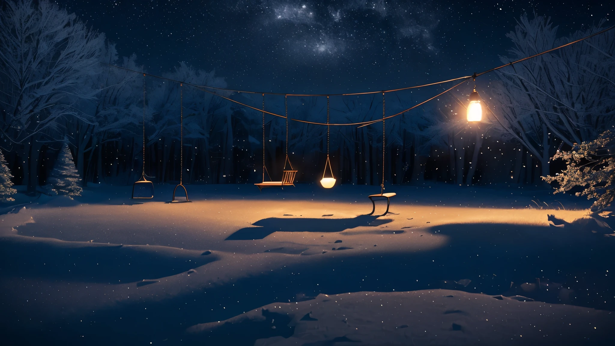 Silent night scenery, ((logo, wonderful, 8k, Tabletop, RAW Photos, wonderful, 最high quality, Photorealistic and Very detailed CG Integrated 8k Wallpaper, high quality, Very detailed, story poem, Particle Effects, Dynamic Effects, Text border depth, Cinematic Light, Lens flare, Ray Tracing, Tabletop, Genuine: 1.4, Ultra HD: 1.2, Genuine, Genuine)), Silhouette of a large swing in a large park,The swing is illuminated by the moonlight