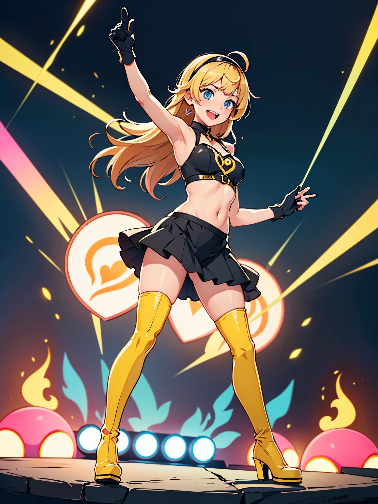 masterpiece, best quality, 1girl, ((bangs, blonde hair, armpit length hair)), ((black headband)), blue eyes, beautiful detailed eyes, beautiful detailed face, cute face, perfect hands, complete fingers, perfect anatomy, perfect proportions, ((dark blue idol outfit, skirt, frilly skirt)), ((boots, yellow boots, yellow footwear, high heels)), breasts, medium breasts, covered navel, ((yellow gloves)), (full body portrait), ((pink heart logo on chest)), (stage lights), looking at viewer, smile, :d, solo, solo focus, standing, body infused with yellow aura, cowboy shot