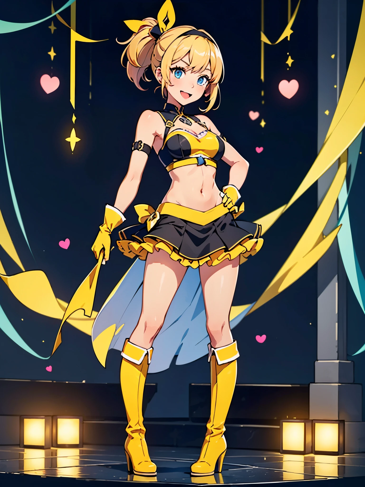 masterpiece, best quality, 1girl, ((bangs, blonde hair, armpit length hair)), ((black headband)), blue eyes, beautiful detailed eyes, beautiful detailed face, cute face, perfect hands, complete fingers, perfect anatomy, perfect proportions, ((dark blue idol outfit, skirt, frilly skirt)), ((boots, yellow boots, yellow footwear, high heels)), breasts, medium breasts, covered navel, ((yellow gloves)), (full body portrait), ((pink heart logo on chest)), (stage lights), looking at viewer, smile, :d, solo, solo focus, standing, body infused with yellow aura, cowboy shot