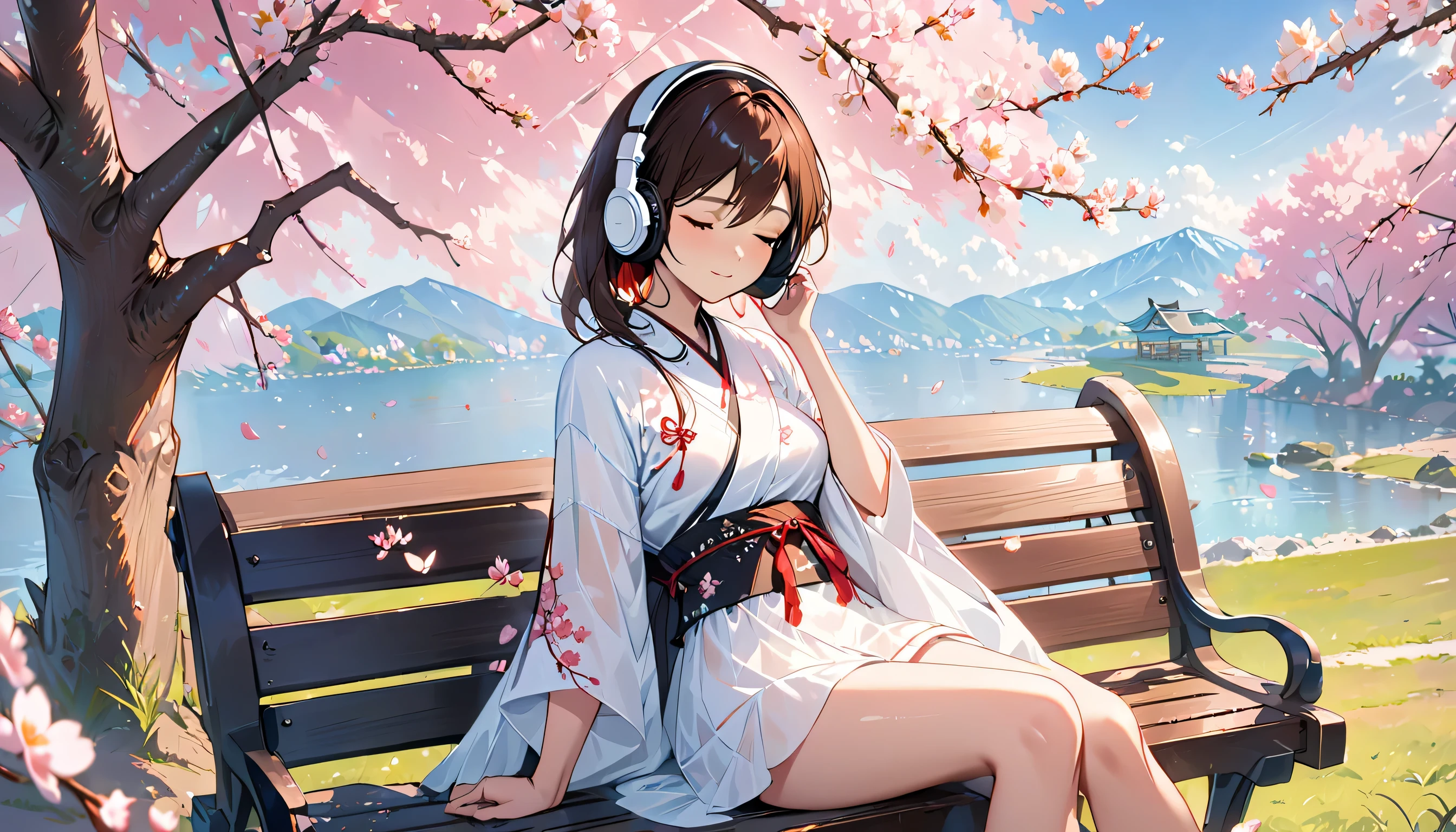 ((best quality)), ((masterpiece)), (detailed), perfect face, sitting under the cherry blossom tree, listening to music, One woman, wearing headphones, eyes closed, wearing underwear, underwear is transparent, sitting on a bench