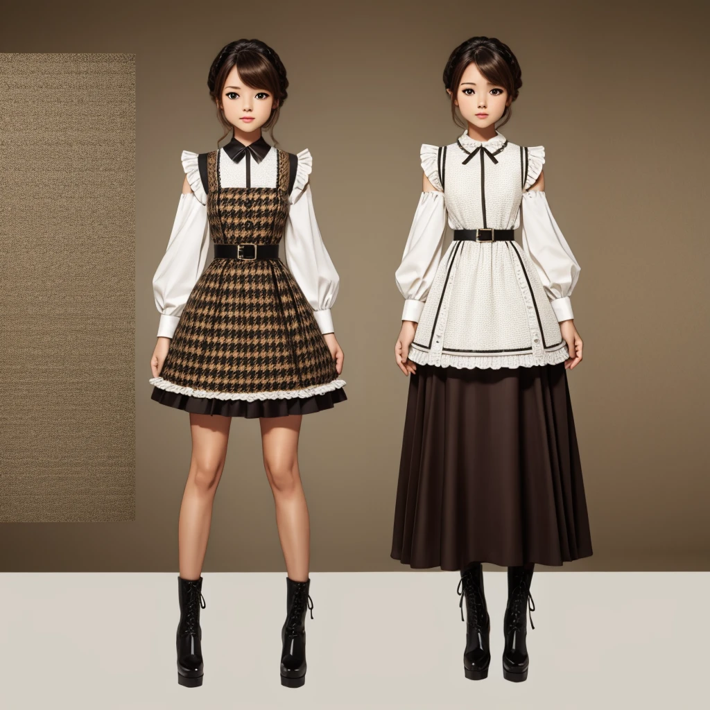 1girl、Standing in front of the viewer、Masterpiece、Official Art、high waist、Brown and dark brown houndstooth A-line dress、Dark piping、Puff sleeves、Super detailed、super beautiful、white straight short hair、Knee-high boots、