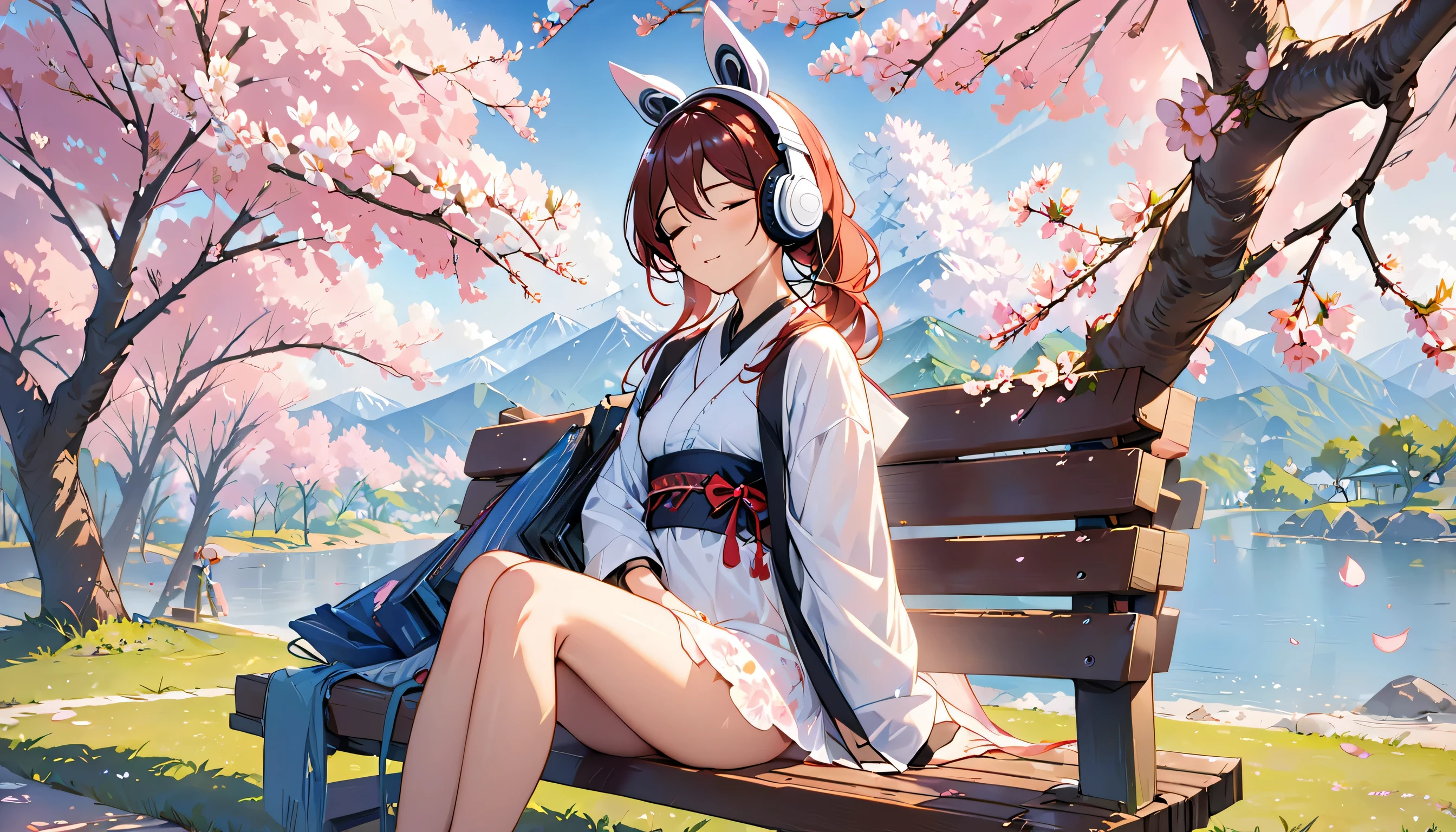 ((best quality)), ((masterpiece)), (detailed), perfect face, sitting under the cherry blossom tree, listening to music, One woman, wearing headphones, eyes closed, wearing underwear, underwear is transparent, sitting on a bench