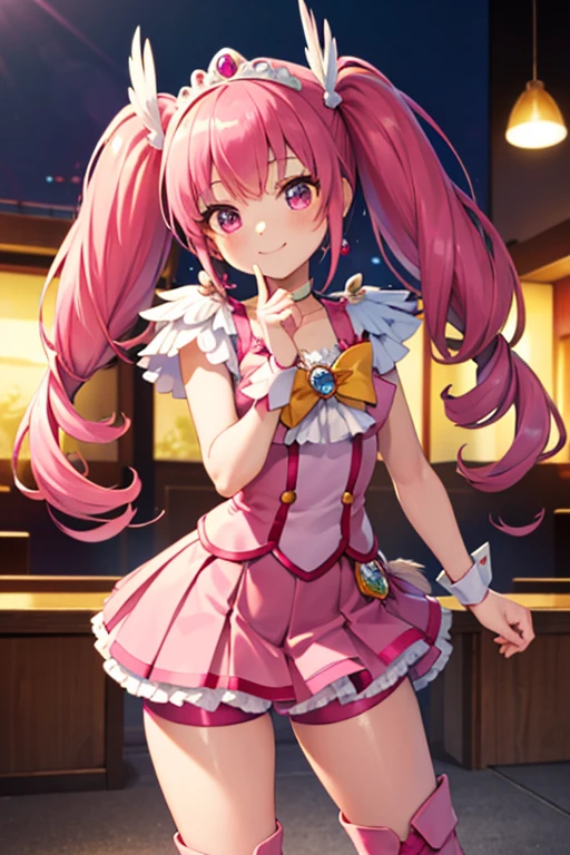 (masterpiece), highest quality, High resolution, Very detailed, Detailed Background, Cinema Lighting, Super detailed, anime, One Girl, alone, Cure happiness, Pink Hair, (Large curls and low twin tails), Feather hair ornament, skirt. tiara, Wrist cuff, (Pink shorts), Pink shorts under skirt, boots, Smile, (Shiny fabric), Cowboy Shot, Pink Gemstones, Are standing, blush, (Beautiful fine details), Very detailedな顔, Perfect lighting, Very detailedなCG, (Perfect hands, Perfect Anatomy), Shiny material, Pink ribbon, jewelry, latex gloss, Dynamic pose.