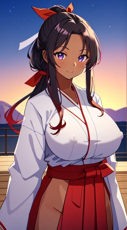 masterpiece, best quality, anime Illustration, 4k, 1 girl, solo, standing, long hair, black hair, violet eyes, high ponytail, red hair ribbon, red ribbon, red hakama and white kimono, thin fabric, nipples, erect nipples, big breasts, huge breasts, looking_at_viewer, motherly smile, upper_body, dark skin, ((Village background:1.0)), ((dark skin: 1.5)), , ((parted bangs: 1.4)),  parted bangs, large forehead, purple eyes, red hakama