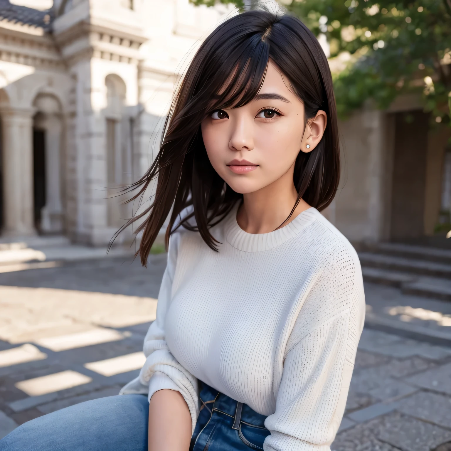 ((best quality)), ((masterpiece)), (detailed), perfect face, perfect ear, perfect eye, perfect Lips, perfect neck, perfect tits, perfect body, perfect hair, perfect hand, cute smile, Sweet look, 1girl, black brown hair, black brown eyes, Japanese white skin, blue stripe white T-shirt, light blue levis pants. Country house page background blur, realistic light, realistic shadows, Looking at US, Japanese mature girl face, Bob hair