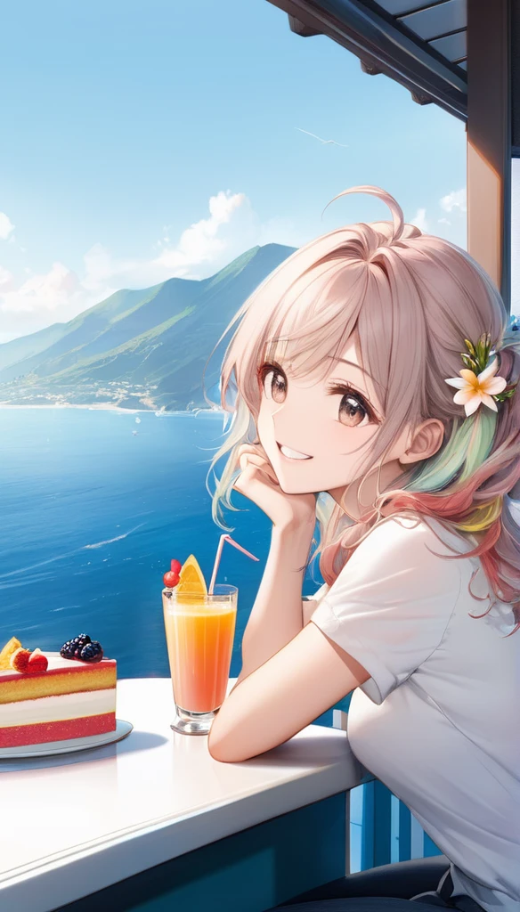 (from side:1.5),(masterpiece:1.2), (best quality),(ultra detailed),(extremely detailed),(absolutely resolution) ,absurdres,8k, 1girl-drinking-fruits-juice, cafeteria-outdoor,sitting, grin, cake, beautiful-landscape-background,the middle of a mountain, blue-coral-sea, flowers, windy, 
BREAK,  ultra detailed eyes, long hair, messy hair, (gradation hair:2.5), tanktops, skirt,