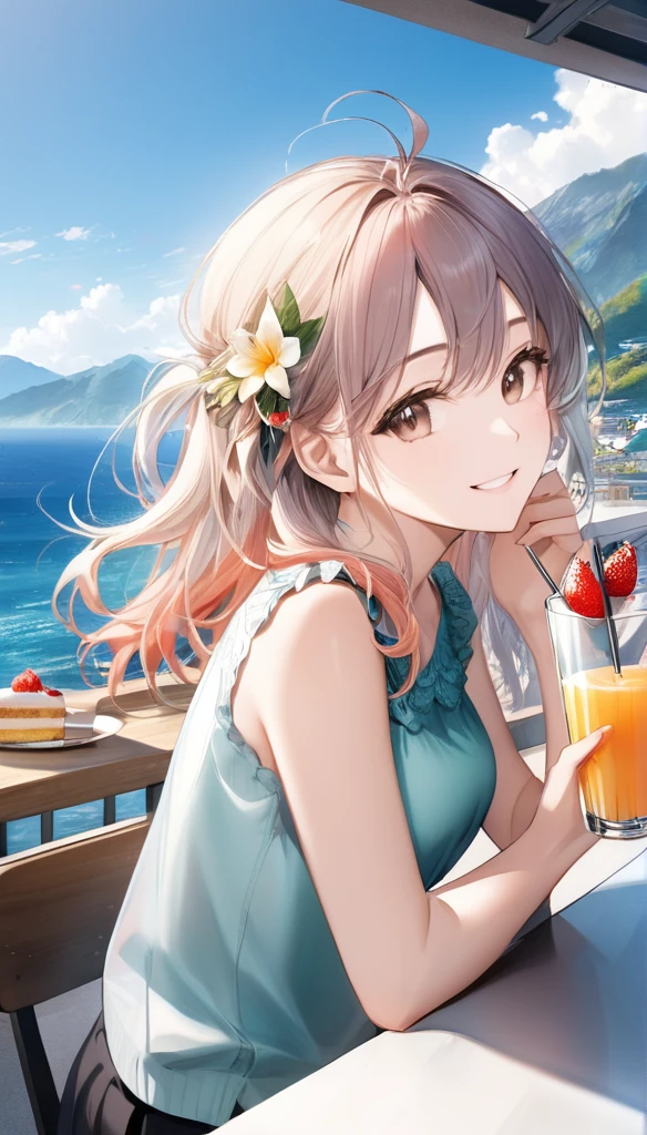 (from side:1.5),(masterpiece:1.2), (best quality),(ultra detailed),(extremely detailed),(absolutely resolution) ,absurdres,8k, 1girl-drinking-fruits-juice, cafeteria-outdoor,sitting, grin, cake, beautiful-landscape-background,the middle of a mountain, blue-coral-sea, flowers, windy,
BREAK, ultra detailed eyes, long hair, messy hair, (gradation hair:2.5), tanktops, skirt,