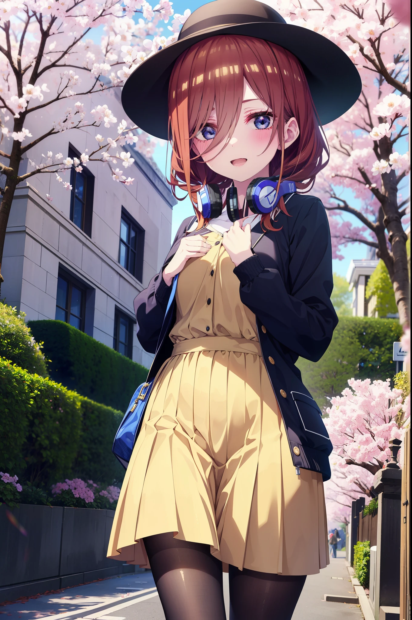Miku Nakano, Miku Nakano, Long Hair, bangs, blue eyes, brown hair, shirt, Hair between the eyes, smile,blush,Open your mouth,Headphones around neck,オーバサイズチェック柄shirt,Shorts,Black pantyhose,Hunting Hat,short boots,Cherry blossoms are blooming,Cherry blossoms are scattered,Cherry blossom tree-lined path,whole bodyがイラストに入るように,
break outdoors, garden,
break looking at viewer,whole body,  (Cowboy Shot:1. 5)
break (masterpiece:1.2), highest quality, High resolution, unity 8k wallpaper, (figure:0.8), (Beautiful fine details:1.6), Highly detailed face, Perfect lighting, Highly detailed CG, (Perfect hands, Perfect Anatomy),