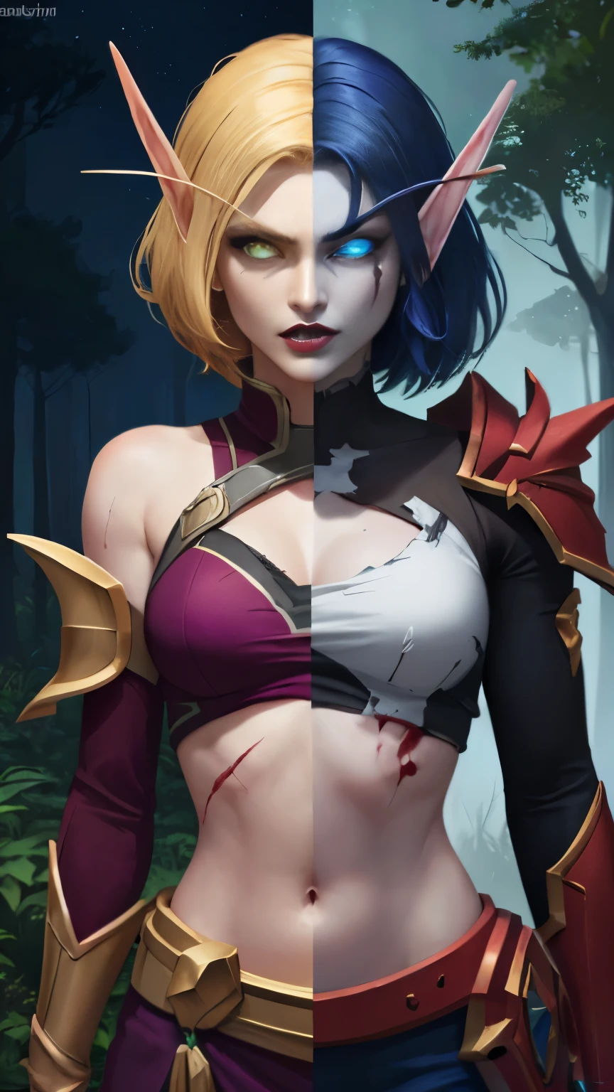 (Masterpiece, highly detailed, highly quality,  highly resolutions), line between the middle, ((BREAK Void elf, SplitScreen, split screen, angry, clenched teeth, scars on face, glowing eyes, {{blue eyes, blue Hair, dark blue skin}}, colored skin, mature female, {{purple midriff, gold outline, navel, purple shoulder pad}}, {{purple lips}}, looking at viewer, dark forest, night, {{bare shoulders, Sleeveless}}, shadow theme}}), vs, (BREAK bldelf, SplitScreen, splitscreen, angry, clenched teeth, blood strains on faces, {{glowing eyes, yellow eyes, Blonde hair}}, colored sclera, mature female, {{red short shirt, gold outline, navel, red shoulder pad}}, {{red lips}}, looking at viewer, forest, day, {{Sleeves}}, light theme))