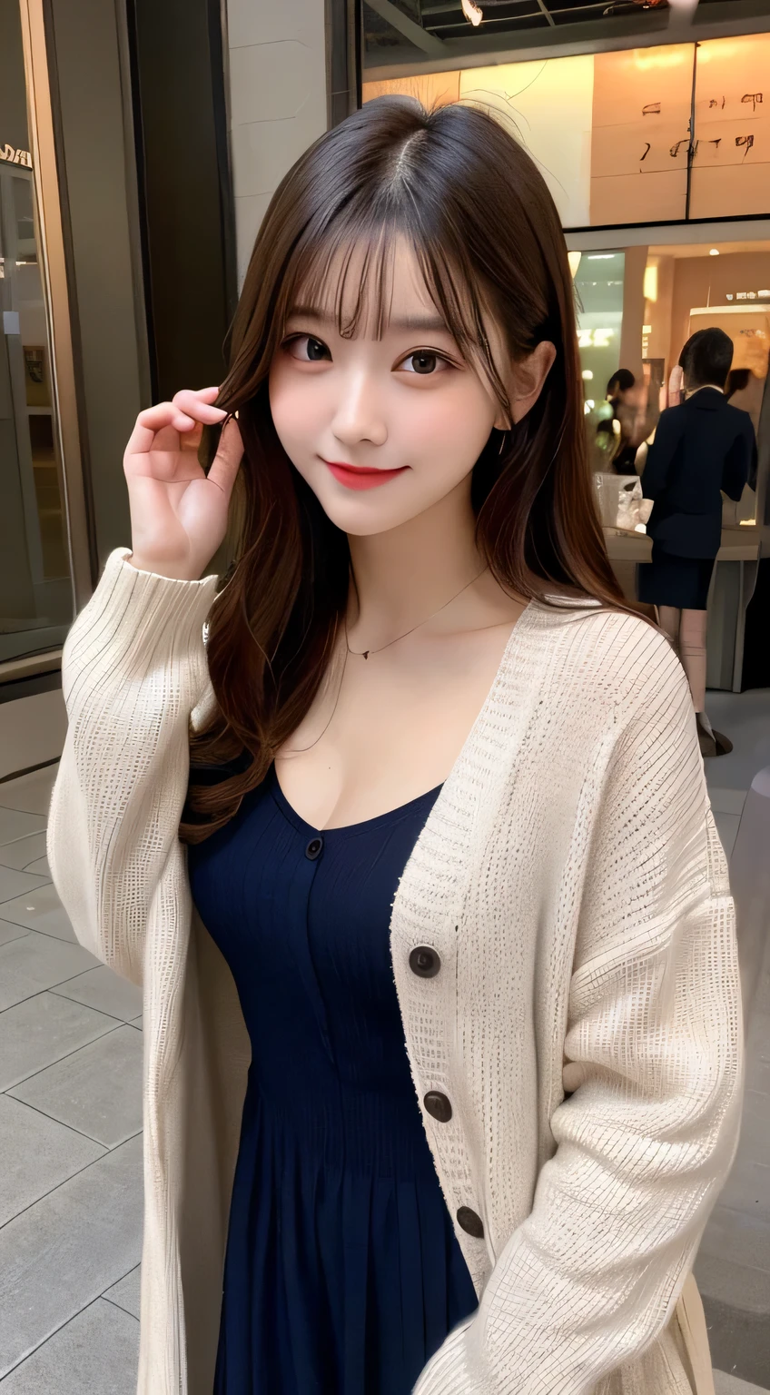 Tabletop, highest quality, shape, Very detailed, finely, High resolution, 8k wallpaper, perfect dynamic composition shape, Beautiful and detailed, Small breasts, Natural color lip, Random sexy poses,smile,Big cities、20-year-old girl、Midnight、Beautiful and dense face、Perfect and beautiful face,Big eyes、Actual photo(Best image quality),long dress dress(Long sleeve/blouse)、cardigan、Shooting from above the knee(Bottom to Top)、