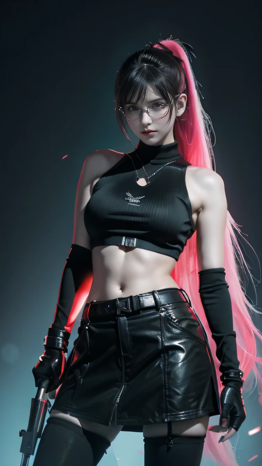 (whole body照),(whole body),(whole body)masterpiece,best quality,high resolution,8k,(photography:1.5),(R Original Photo),real picture,Digital photography,(A fusion of cyberpunk and fantasy),(A female DJ is very beautiful,Glamorous,Light-colored long hair,Headphones,on stage,Colored lights,Offstage is the audience,),20 year old woman,Long Ponytail,By Bangs,Black hair,(Pink Eye, Accessories,Red lips,(He frowned,sneer),(Combination of cyberpunk and fantasy style clothing,hollow-carved design,Combined Armor,Holographic glasses,Combat uniform,White clothes,green),Show your belly button,Photo poses,Realistic style,White background,oc render reflection texture