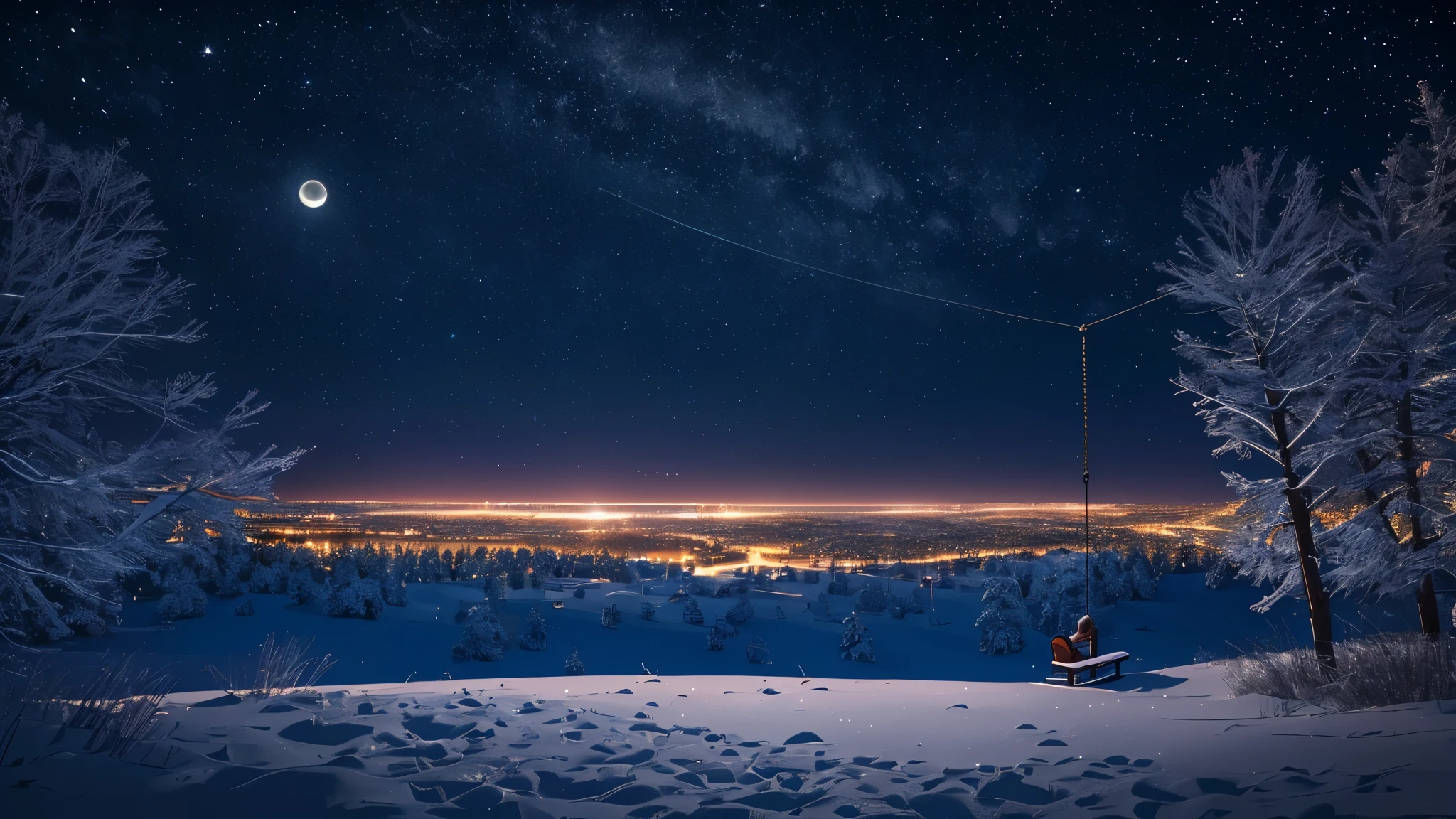 Silent night scenery, ((logo, wonderful, 8k, Tabletop, RAW Photos, wonderful, 最high quality, Photorealistic and Very detailed CG Integrated 8k Wallpaper, high quality, Very detailed, story poem, Particle Effects, Dynamic Effects, Text border depth, Cinematic Light, Lens flare, Ray Tracing, Tabletop, Genuine: 1.4, Ultra HD: 1.2, Genuine, Genuine)), Silhouette of a large swing in a large park,There is one swing,There is also one bench,The swing is illuminated by the moonlight