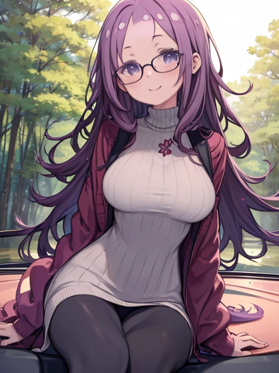 masterpiece, highest quality、Super Detail、Medium Wide Shot、Beautiful eyes、1　Mature Woman、(kagamihara sakura)、Purple Hair、(((Wavy Hair、Long bouncy bangs)))、The forehead is visible、long hair、Glasses、Big Breasts、Huge breasts、Turtleneck sweater、Thick jacket、in the forest、Watching the audience、Smiling、car、
