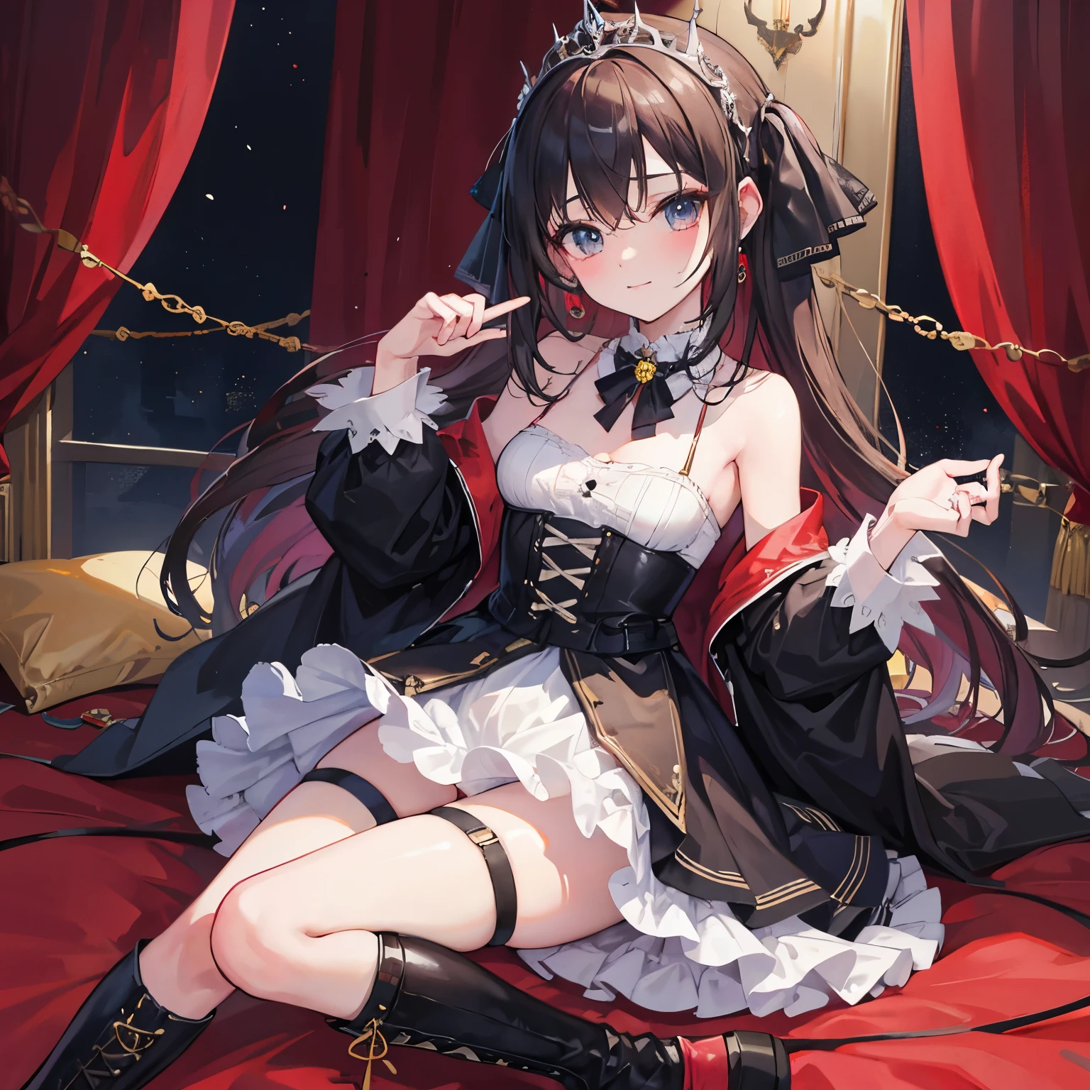CG muy detallado y realista, vistoso, obra maestra, Mejor calidad, magnificent, ojos como joyas, 1 chica, solo, , , pretty girl, cabello rojo, pelo ondulado, Gothic , ropa blanca y negra, sonrisa, de pie, mano en el cabello, Gothic ribbon, corbata de cinta, aula, small breasts, boca abierta, colmillos, Mini falda, Gothic boots, desde el frente, dutch angle, subtle blush, thigh strap, tiara