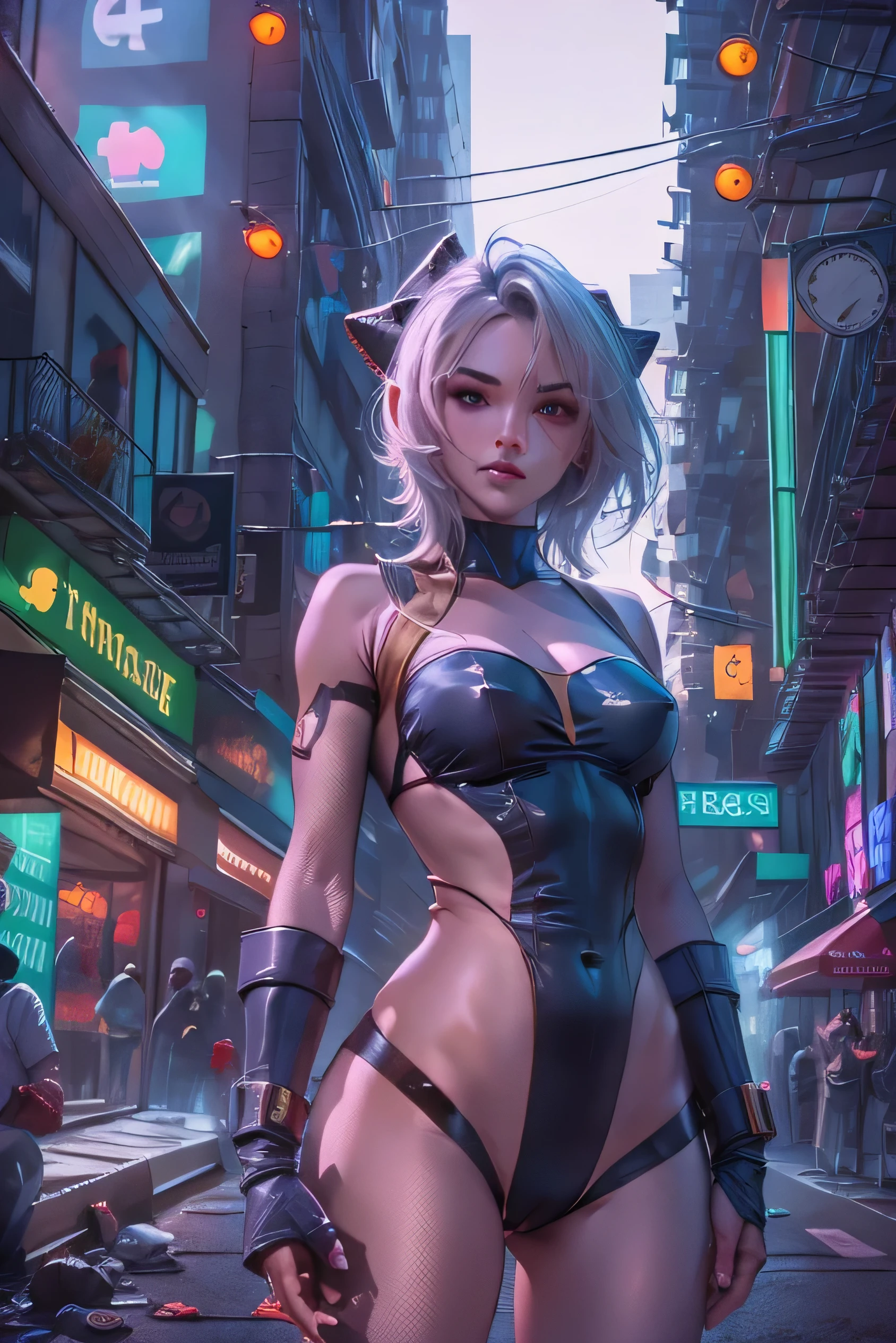 (Photorealistic:1.8, highest quality:1.8,8K masterpiece:1.8,High resolution,Mastepiece:1.8,RAW Photos,Cinematic lighting),No split screen、cyber punk、Back alley of the city、
 (Fighting Android Girl 1:1.3)、Completely naked、choker、Shark themed helmet、armed leotard、Knee-high boots、Pop design decoration、Image color is purple、
Beautiful ass、Beautiful thighs、Breast Exposure、Nipples visible through clothing、Plump nipples、cameltoe、correct２Benzu、Glowing red eyes、Fine Lines