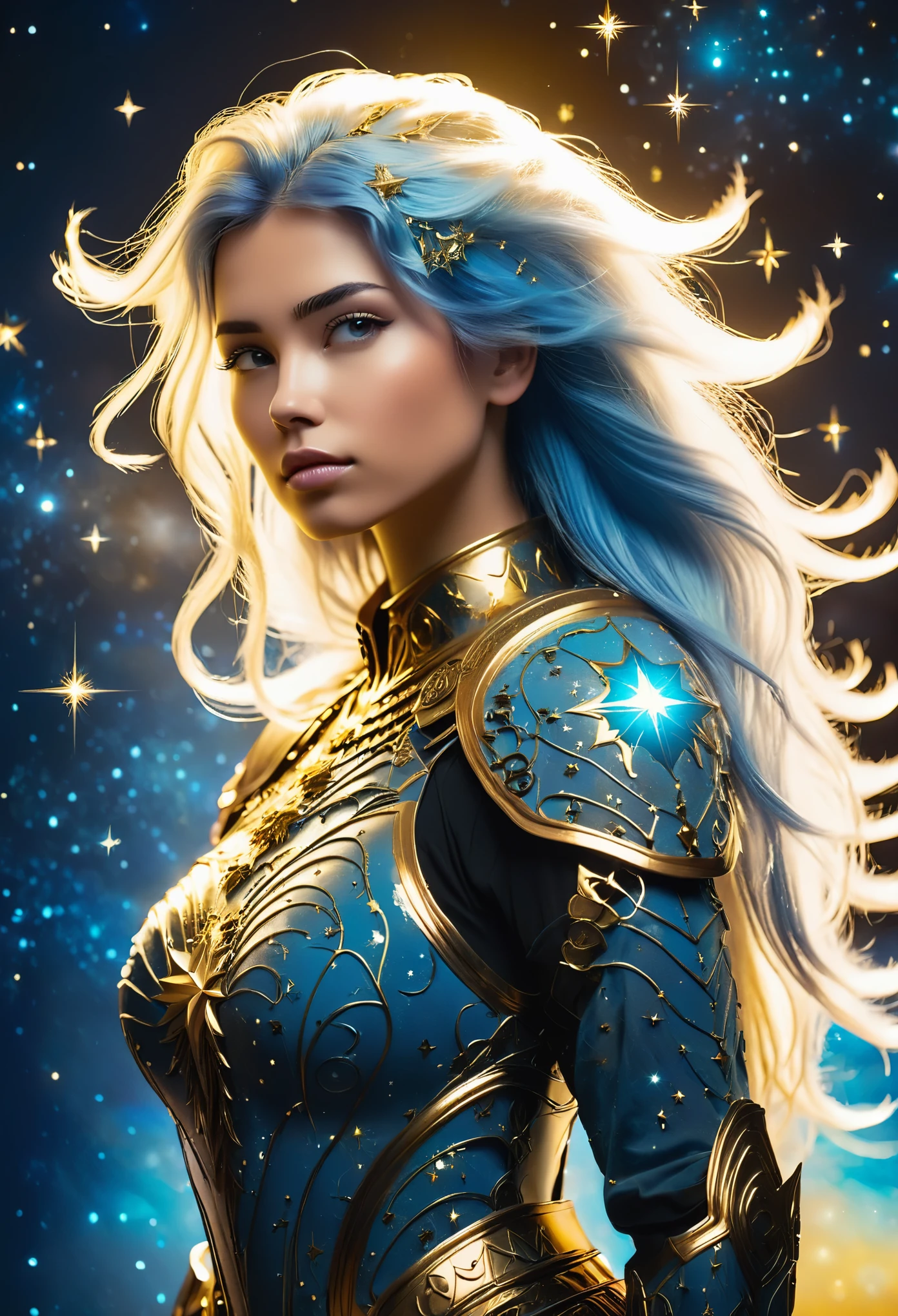 a stylized young caucasian woman warrior ((silhouette)) formed by bright stars. with straight long light blue messy hair. Straight hair. golden ornate armor. Cosmic background.