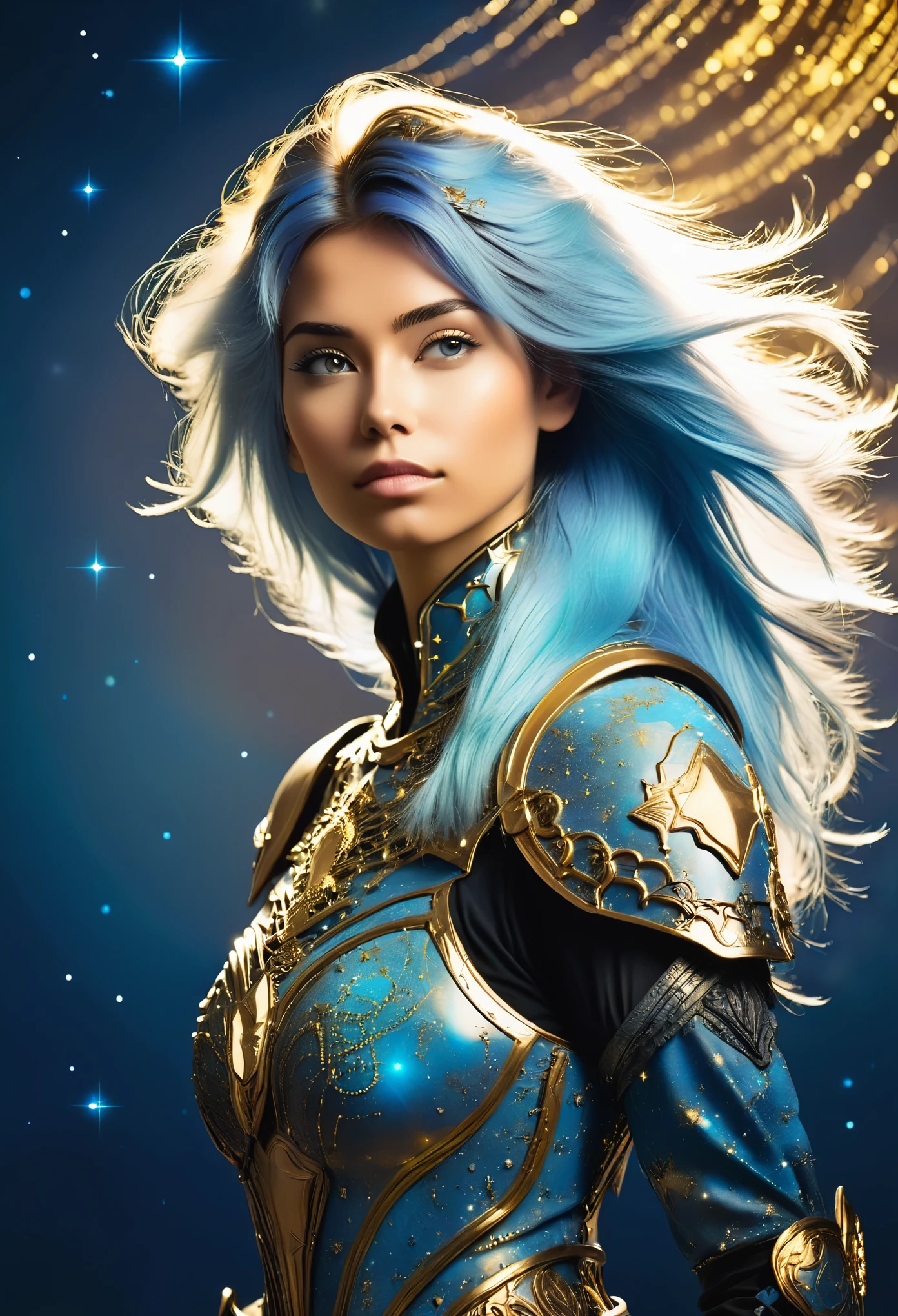 a stylized young caucasian woman warrior ((silhouette)) formed by bright stars. with straight long light blue messy hair. Straight hair. golden ornate armor. Cosmic background.