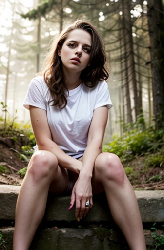 Masterpiece, (Kristen Stewart as Hermione Granger), black hair, wearing white t shirt,  Flat chest,  ultra detailed, ultra realistic, Bottom nude, full body shot, slim body, narrow hips, small girl, very detailed face, nude, sitting open legs spread, showing her pussy, pussy shot, hands behind the back,  in  misty forest on background,  (cinematic lighting, bokeh), dramatic, award-winning photography, incredible masterpiece, 16K, ultra high res.photorealistic, UHD, RAW, DSLR, naked