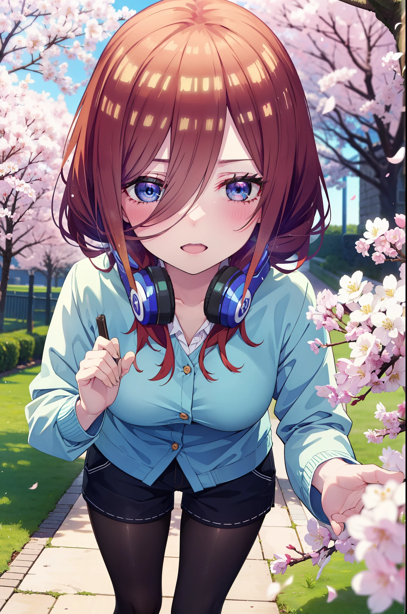 Miku Nakano, Miku Nakano, Long Hair, bangs, blue eyes, brown hair, shirt, Hair between the eyes, smile,blush,Open your mouth,Headphones around neck,オーバサイズチェック柄shirt,Shorts,Black pantyhose,Hunting Hat,short boots,Cherry blossoms are blooming,Cherry blossoms are scattered,Cherry blossom tree-lined path,whole bodyがイラストに入るように,
break outdoors, garden,
break looking at viewer,whole body,  (Cowboy Shot:1. 5)
break (masterpiece:1.2), highest quality, High resolution, unity 8k wallpaper, (figure:0.8), (Beautiful fine details:1.6), Highly detailed face, Perfect lighting, Highly detailed CG, (Perfect hands, Perfect Anatomy),