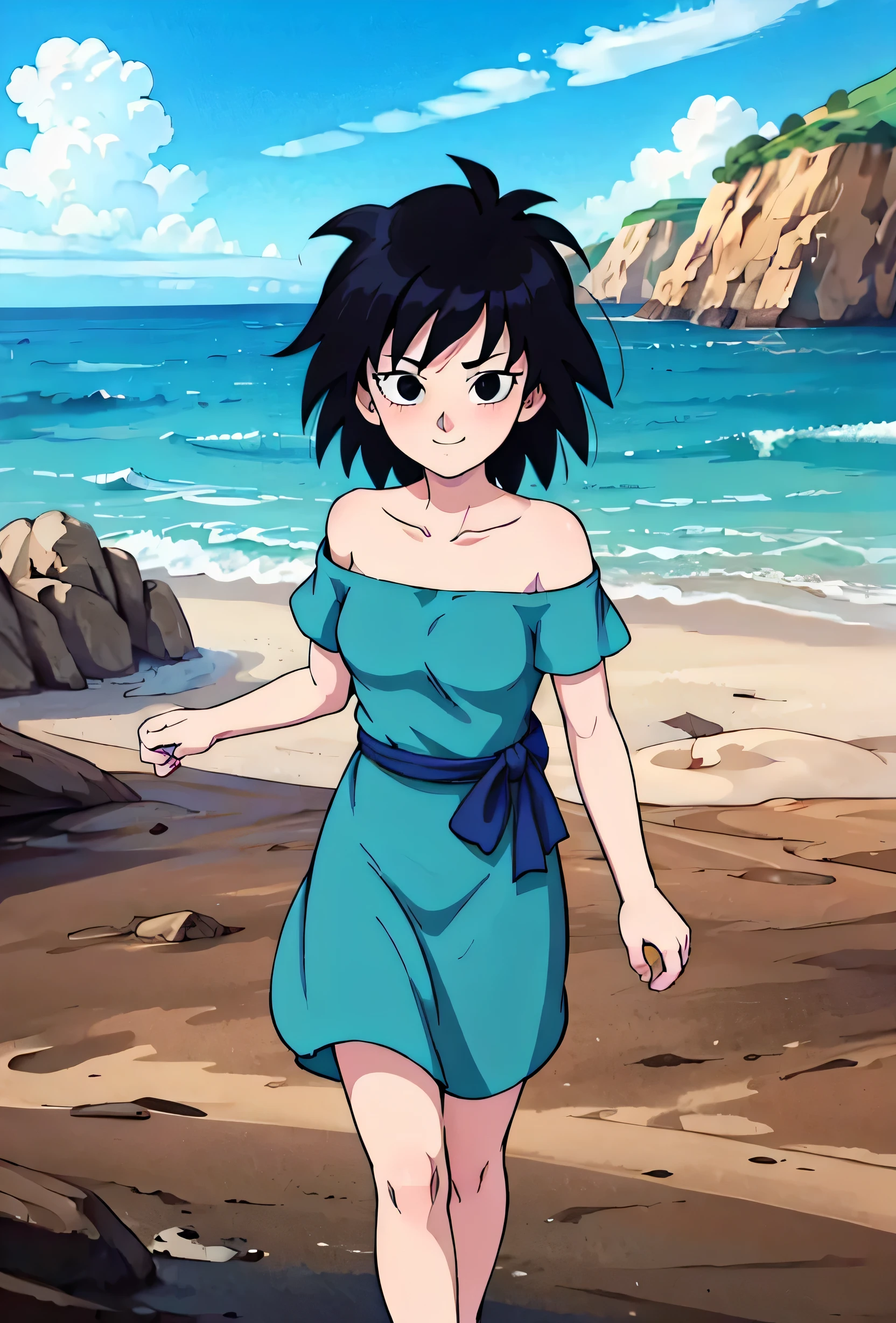 anime screencap, masterpiece, best quality, highres, outdoors, small breasts, gine, spiky black hair, 1 girl, Solo, Black Eyes, Good hands are down, Smile, Blushing, Bare Neck, Bare Shoulders, strapless, White Ruffle Off-the-Shoulder maxi dress. Cowboy shot. A landscape of the beach, sea, blue skies, sand beach. In the center. Walking on the beach with bare feets. Far from the bottom, looking at viewers