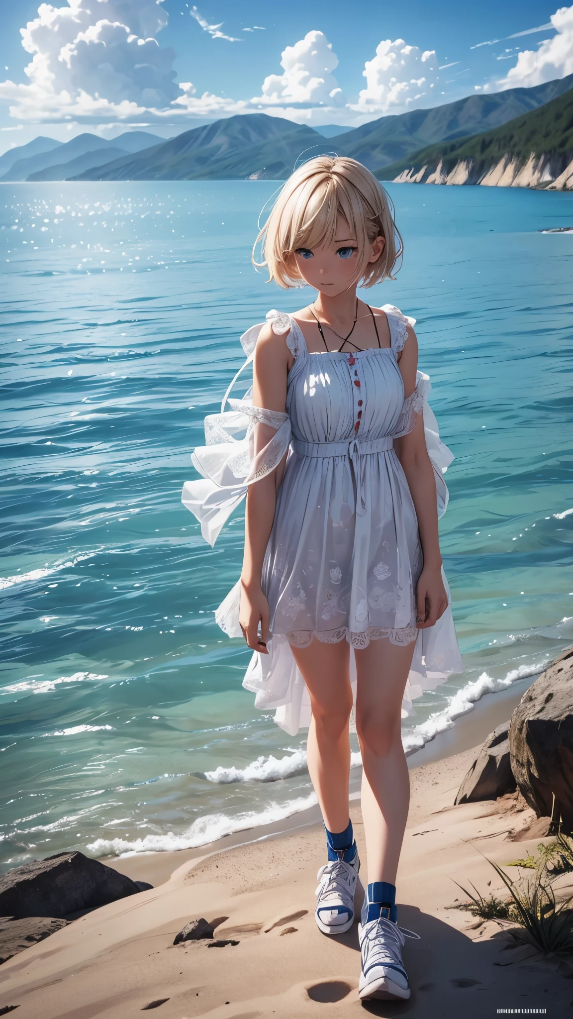 A girl standing alone on a small island in the sea、there is nobody in the island,A girl in her 20s with short blonde hair