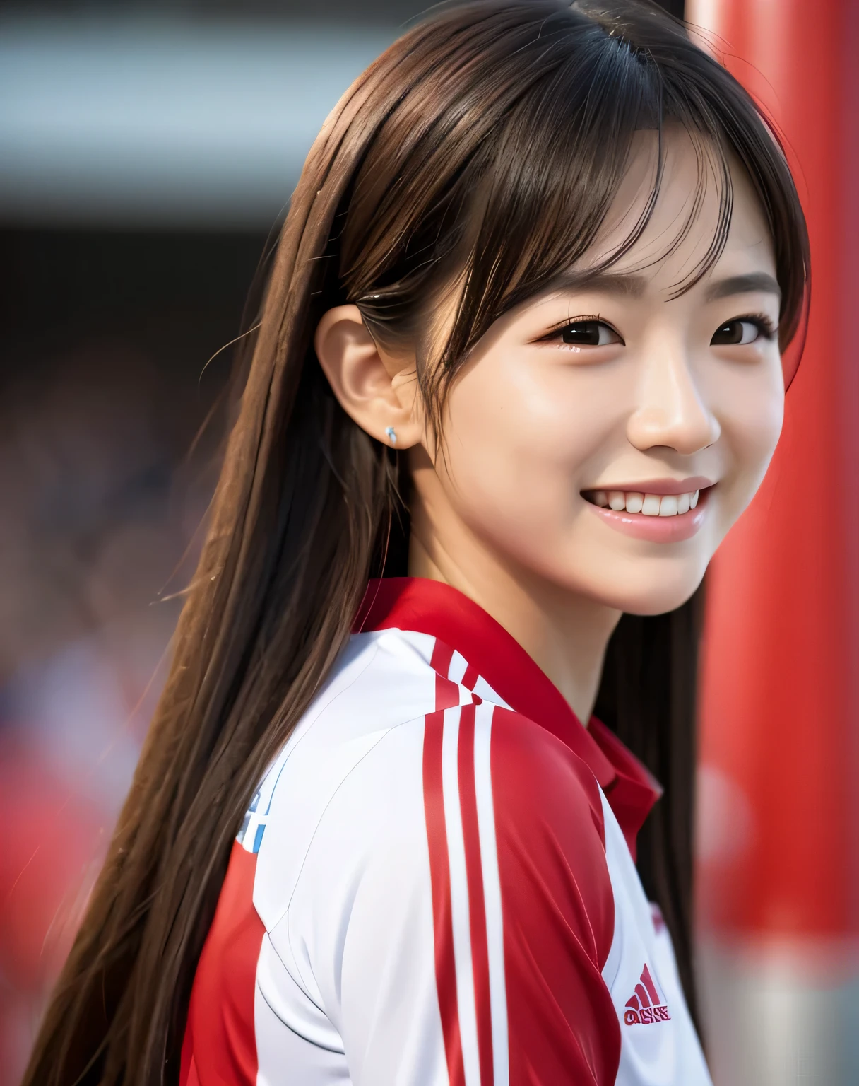 Soccer uniforms、Age 25、Photo-like texture,Realistic skin texture、High resolution、4K、long hair、smile、cute