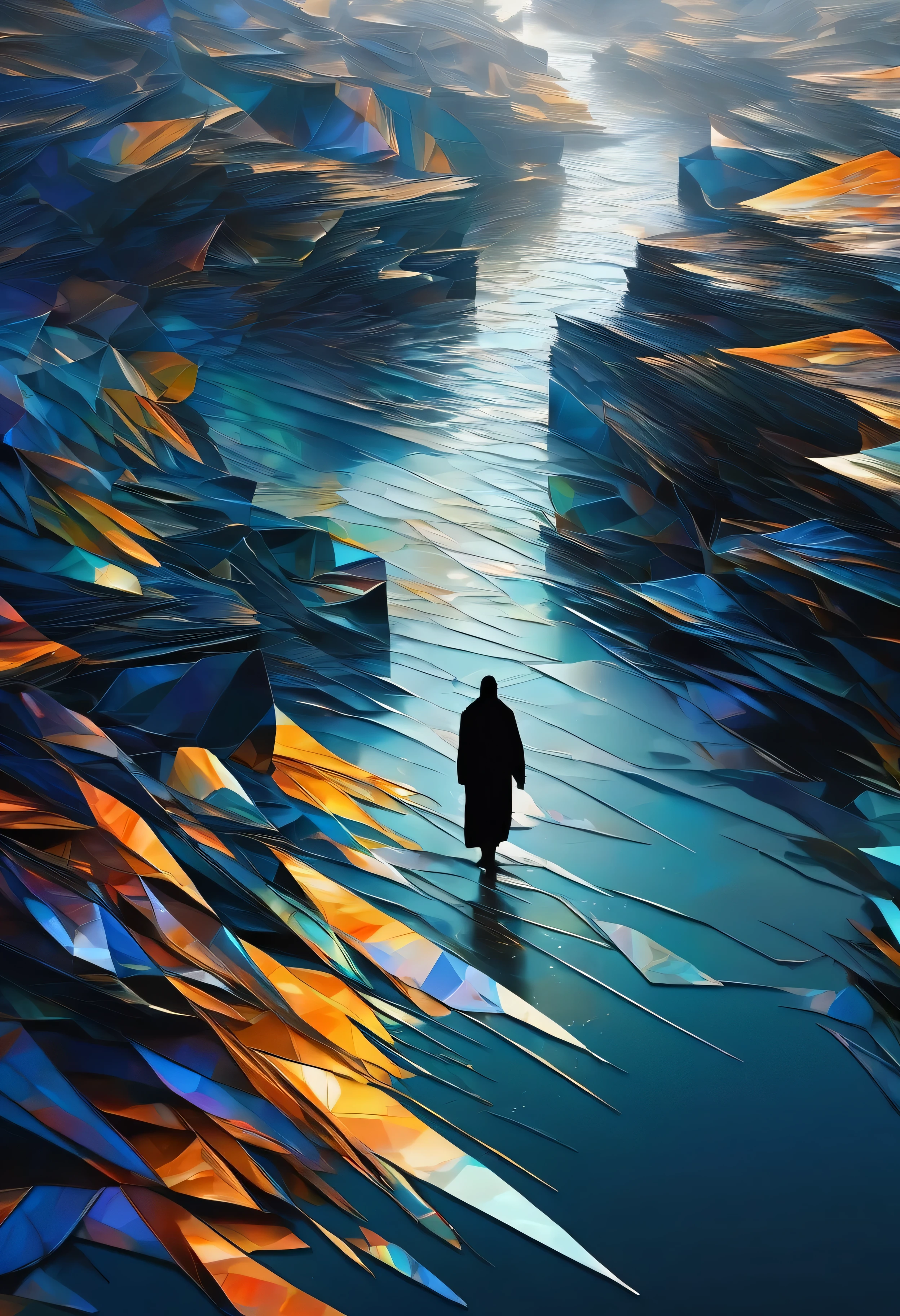 create abstract style illustrated art by Aliza Razell and Pierre Soulages, ultra high resolution, wallpaper, 8K, rich texture details, Jesus walking on the sea, detailed background, dramatic angle, non-representational, colors and shapes, polygonal shapes, expression feeling, imaginative, highly detailed INFO