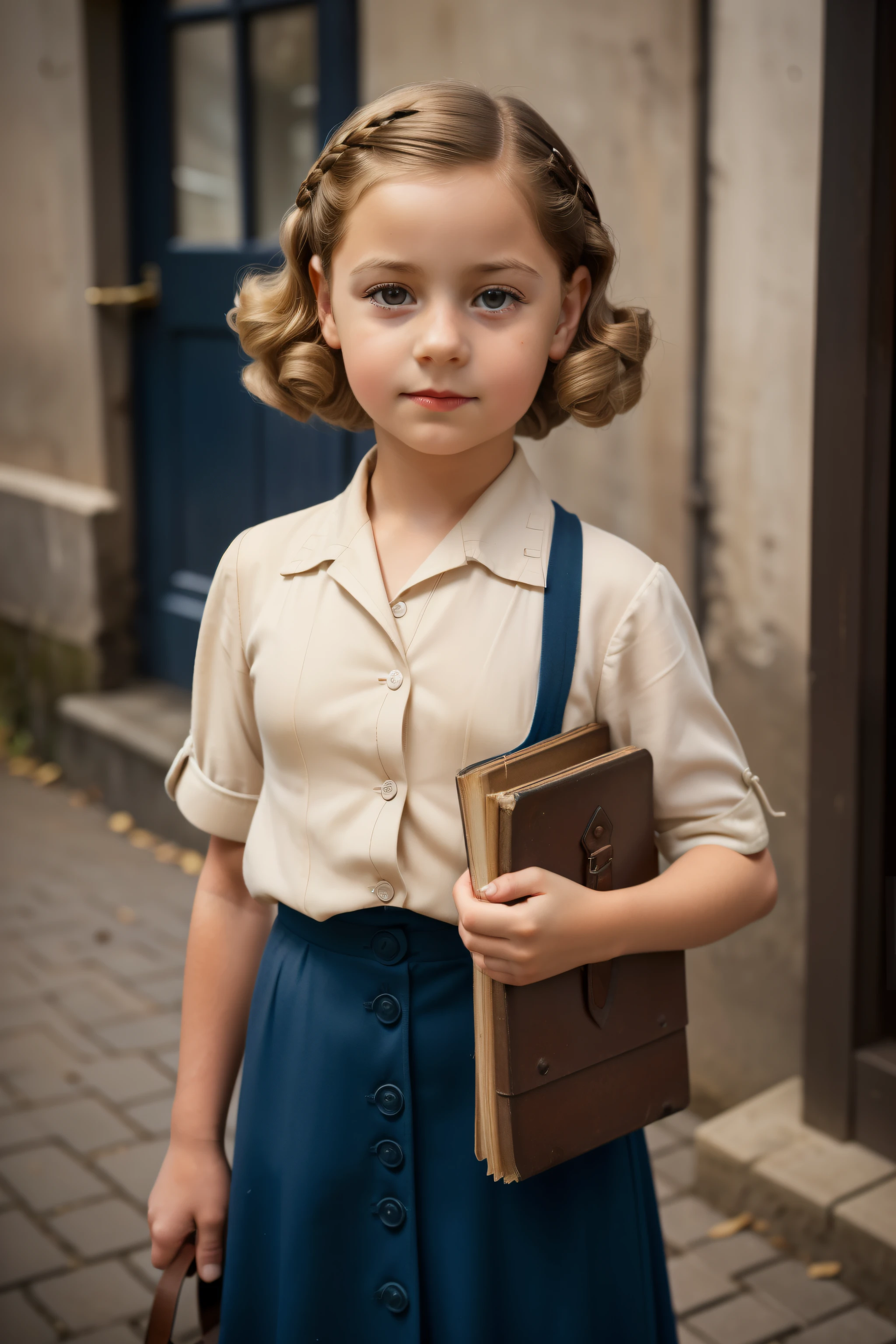 Molching, Alemanha, 1940. ((((11 anos)) Liesel Meminger)), Muito magro, tipo, With a big heart, olhos escuros perigosos, pegando um livro da pilha de cinzas e fumando na rua, ((expression of guilt)). ((((poor casual clothing of the 1940s)))), ((1940s dark blonde hairstyle))