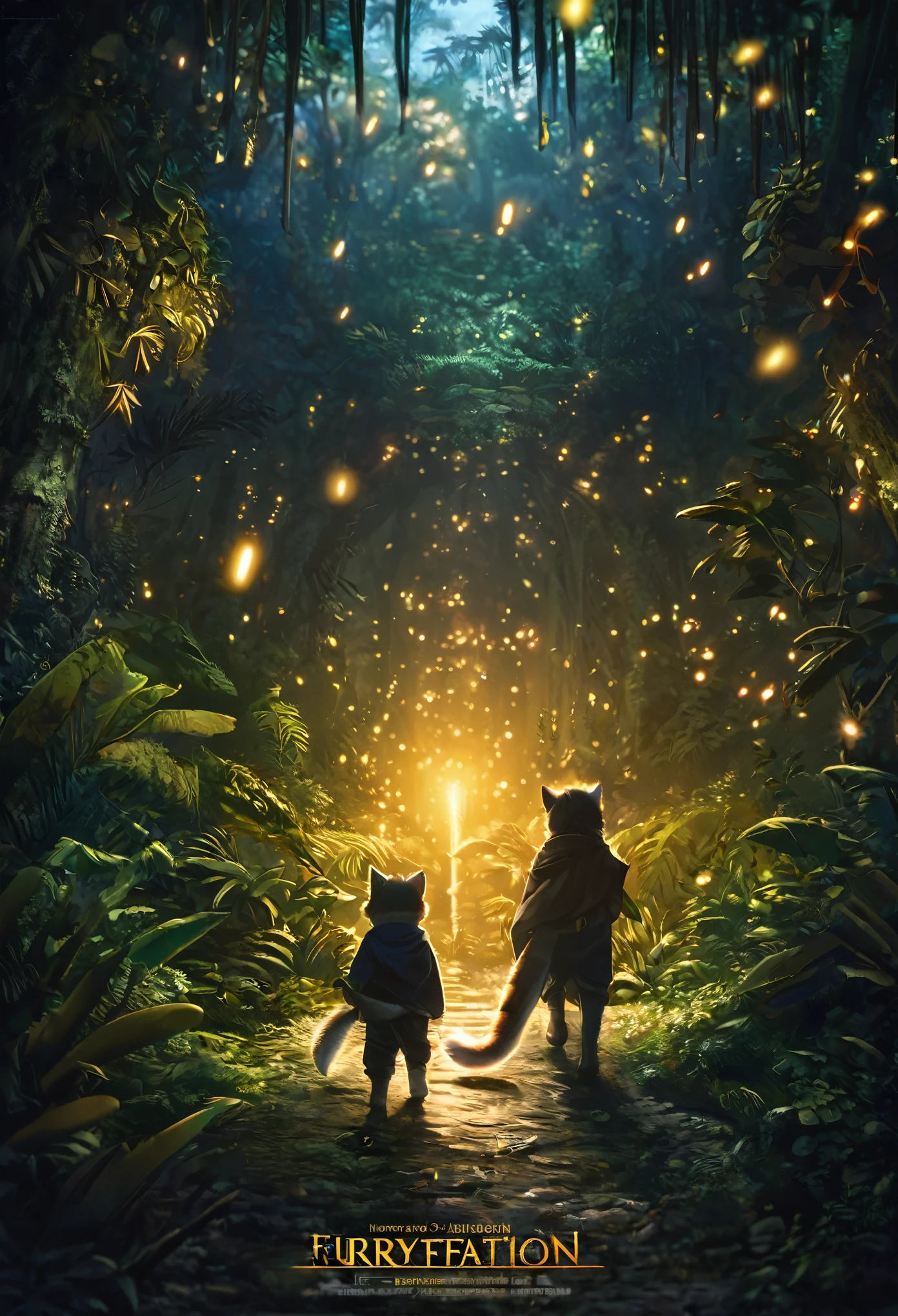 cover page, highres, top quality, best quality, paid reward available, unparalleled masterpiece, perfect artwork, absurdres, High-quality illustrations, super high resolution, detailed background, perfect anatomy (Walking through the firefly-filled jungle at night)(1boy, kemono, furry)(Attention to detail:1 1)high quality, Browsing Caution, Beautiful Eyes(detailed face and eyes)Sharp focus, Contrast lighting, Crazy Details, Soft lighting, high quality, Film Grain((dramatic))epic, One scene of movie,