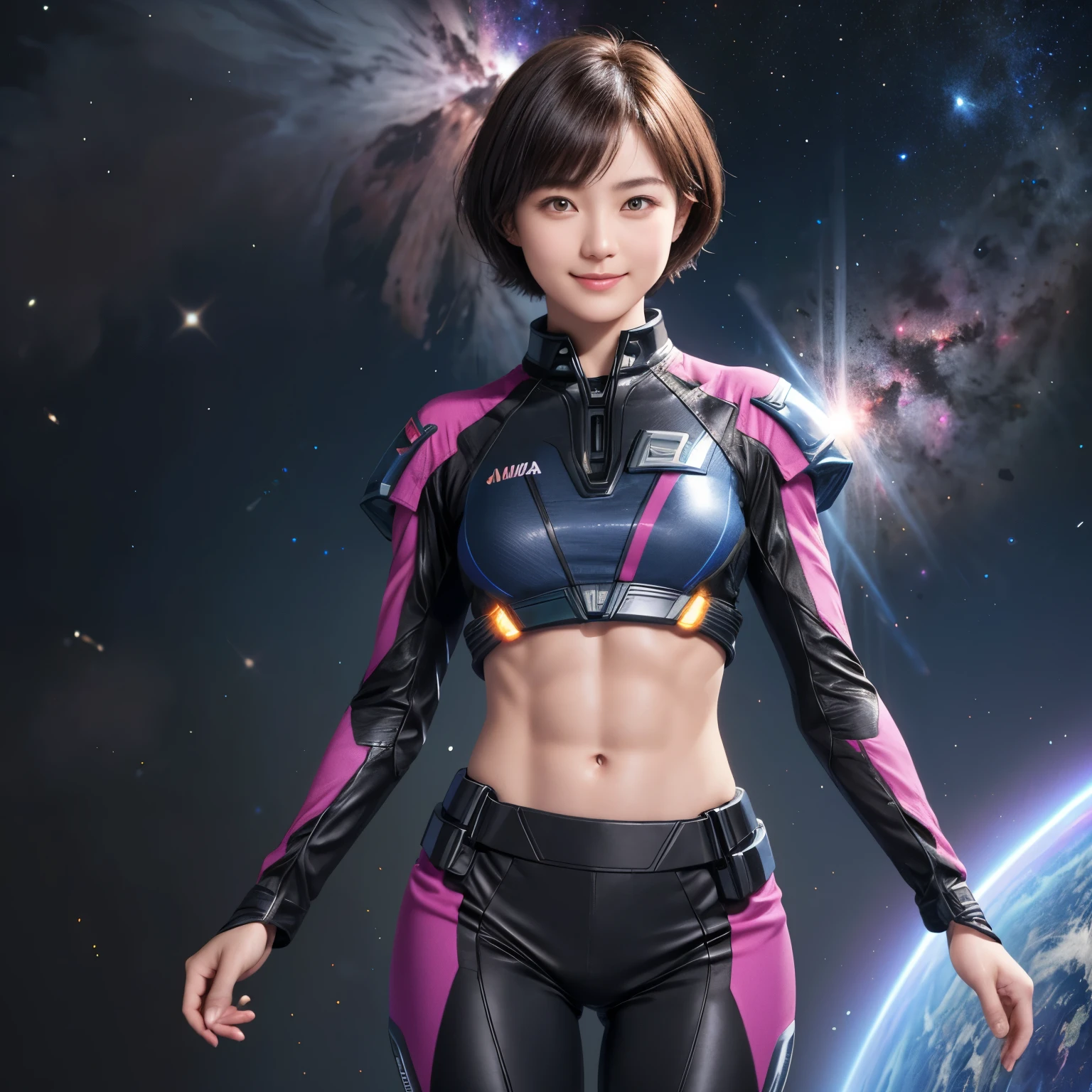 214 Short Hair, 20-year-old woman, A kind smile, Floral, Futuristic clothing, machinery suit, ((Clothes that show abs、Clothes with short sleeves)), (The background is a galaxy and nebula)