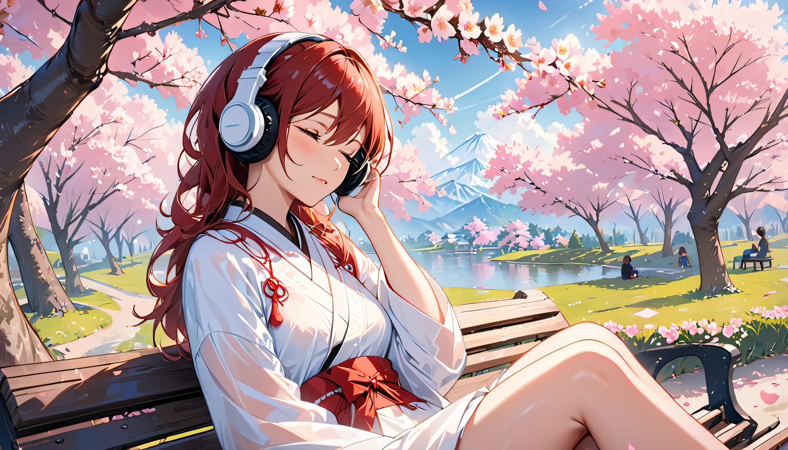 ((best quality)), ((masterpiece)), (detailed), perfect face, sitting under the cherry blossom tree, listening to music, One woman, wearing headphones, eyes closed, wearing underwear, underwear is transparent, sitting on a bench
