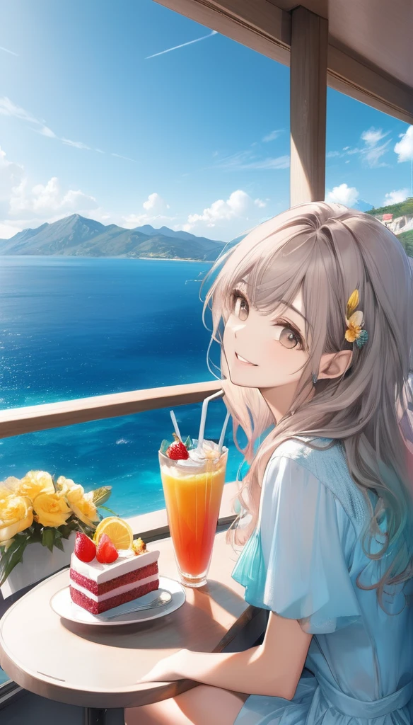 (from side:1.5),(masterpiece:1.2), (best quality),(ultra detailed),(extremely detailed),(absolutely resolution) ,absurdres,8k, 1girl-drinking-fruits-juice, cafeteria-outdoor,sitting, grin, cake, beautiful-landscape-background,the middle of a mountain, blue-coral-sea, flowers, windy,
BREAK, ultra detailed eyes, long hair, messy hair, (gradation hair:2.5), tanktops, skirt,