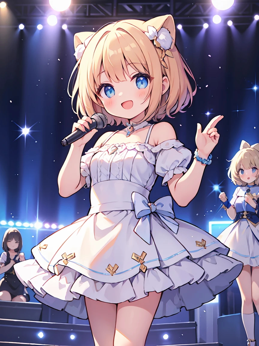 masterpiece, highest quality, Highest Resolution、Three Girls, short hair, pastel colour、Idol Type、Hold the microphone with both hands、Cute Dresses、Sparkling eyes、A smile that will captivate you、Spotlight、Sparkling Stage.