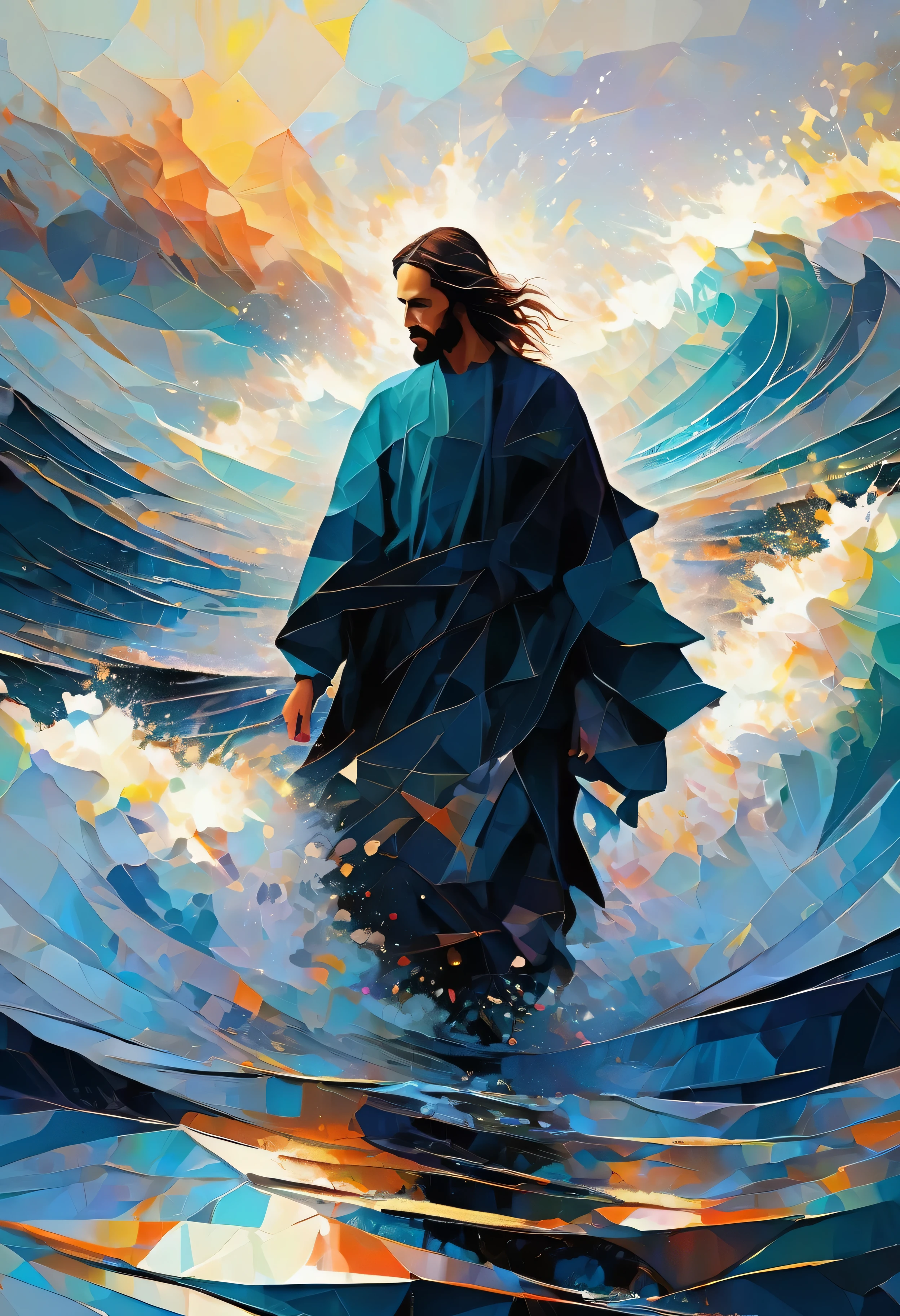 create abstract style illustrated art by Aliza Razell and Pierre Soulages, ultra high resolution, wallpaper, 8K, rich texture details, Jesus walking on the sea, detailed background, dramatic angle, non-representational, colors and shapes, polygonal shapes, expression feeling, imaginative, highly detailed INFO