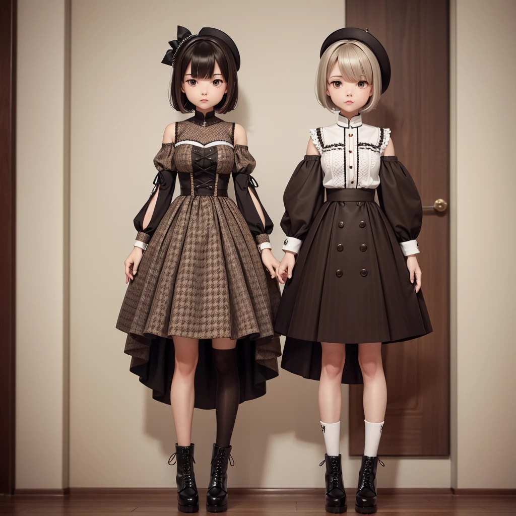 1girl、Standing in front of the viewer、Masterpiece、Official Art、high waist、Brown and dark brown houndstooth A-line dress、Dark piping、Puff sleeves、Super detailed、super beautiful、white straight short hair、Knee-high boots、