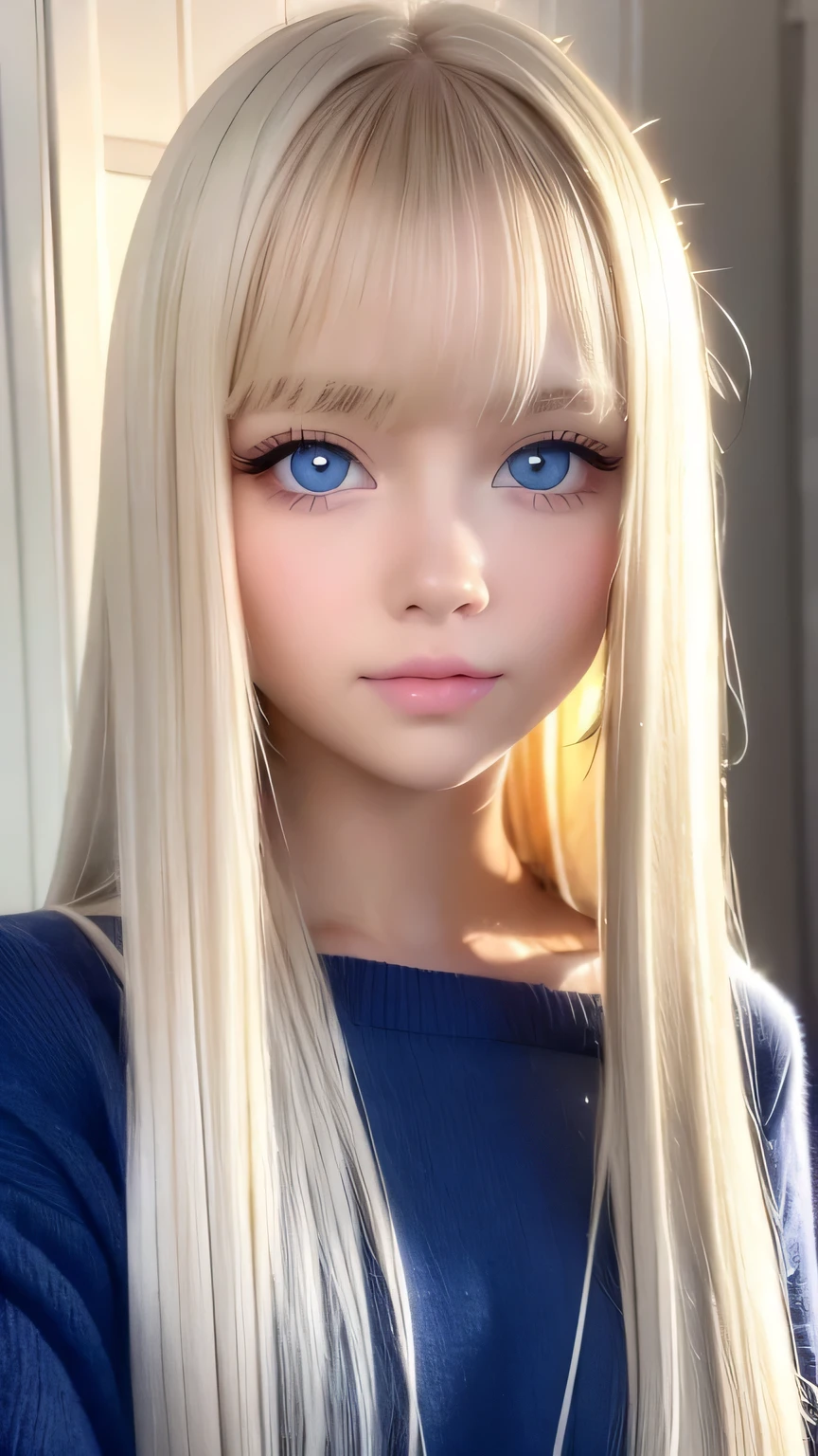 Very beautiful shiny pretty face、Beautiful shiny white skin、Glowing cheek highlight、Beautiful cute sexy pale blue eyes、hair over eyes、hair over one eye、hair between eyes、Big double eyelid eyes、Beautiful very long shiny silky pale blonde straight hair、Sexy 15 years old、A cute beautiful girl with long bangs、The most beautiful girls in the world in the West、Round face、Adorable appearance、