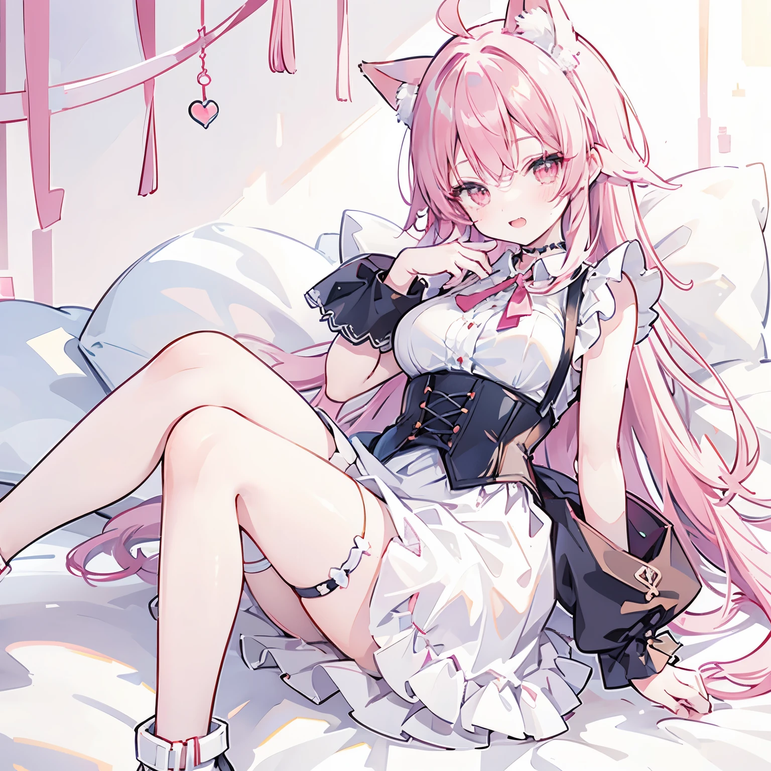 Fox girl,Cat girl,Skinny,breast reduction,lying among colorful flashes, among colorful, soft colours background, stroking own chin,reaching,arm at side,knees together feet apart,red hair,medium hair,ahoge,red eyes,White skin,evil seductive,smug, open mouth, cute anime fangs, cute anime girl fangs, cute, subtle blush, large dress,corset, large skirt,dirndl, suspender skirt,thigh strap,boots,tiara,earclip,choker,elbow gloves,fingerless gloves,gloves,Dress,Corset,View From Above,Overhead View,Red,White,Brown,Elegant,Eye Makeup, laying ,Cute, cute eyes, profile wallpaper, earclip, soft colors background, Efecto de colores alrededor, surrounded by colorful lights, pastel colors background, liying on colorful bed, colorful blankets, bed sheet background, looking at viewer