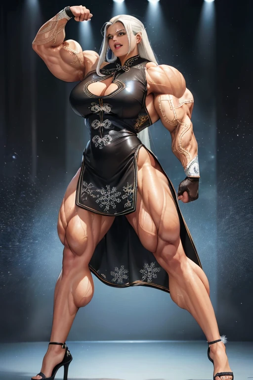 (((((Massive tall, beautiful, buff, brown skinned muscular goddess woman with white hair, ginormous muscles, dancing and wearing a beautiful black leather Cheongsam dress adorned with intricate snowflake designs))))), close view, (massive muscles), massive biceps, hyper muscle shoulders, massive muscle arms, vascular shoulders, hyper muscle triceps, (long straight hair), blue eyes, choker, ((long sleeved gloves)), high heels, (singing in a nightclub), confident smile, night, hyper vascular arm, hyper muscles arms, hyper muscle legs, (massive arms).