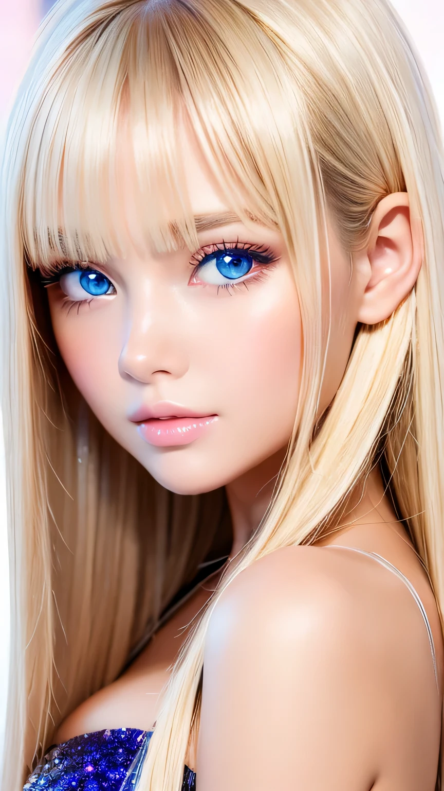 Very beautiful shiny pretty face、Beautiful shiny white skin、Glowing cheek highlight、Beautiful cute sexy pale blue eyes、hair over eyes、hair over one eye、hair between eyes、Big double eyelid eyes、Beautiful very long shiny silky pale blonde straight hair、Sexy 、A cute beautiful girl with long bangs、The most beautiful girls in the world in the West、Round face、Adorable appearance、