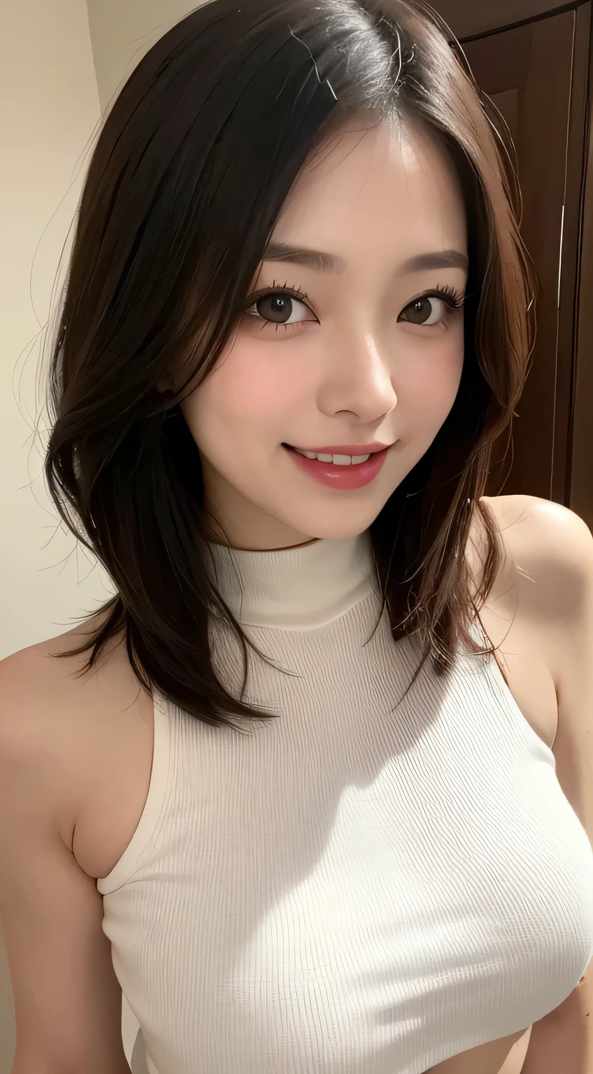 Tabletop, highest quality, Photorealistic, In detail, High resolution, 8k wallpaper, Perfect dynamic composition, Beautiful fine details, Medium Hair, Big ample breasts, Random sexy poses,Close your chest、(Fully open mock neck crop tank top in white knit、The cleavage looks realistic)、(Breast Swelling 1.2)、Laughter、Open your mouth、Resort scenery、23 years old、(Droopy Eyes 1.4)、Adult Beauty、Japanese